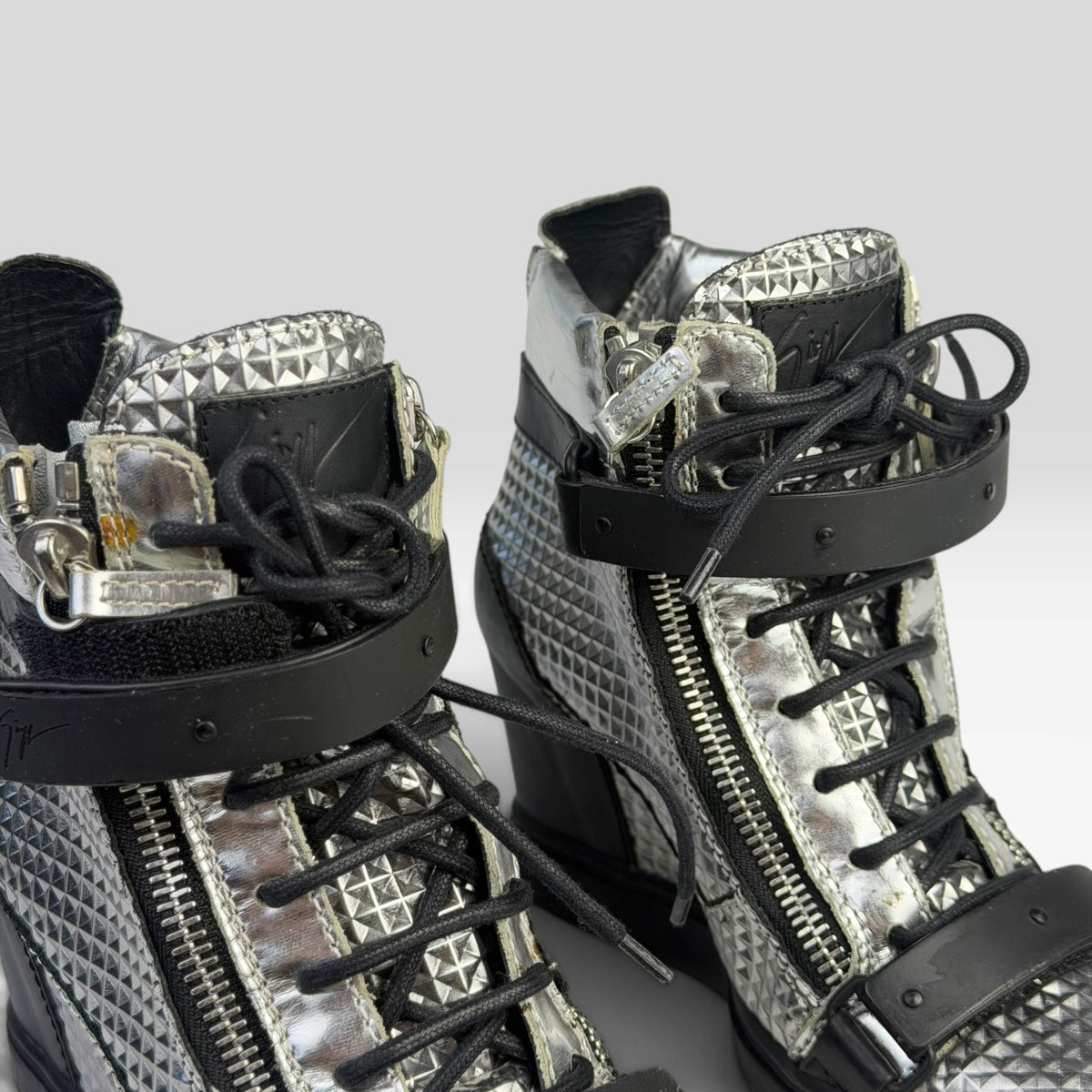 Giuseppe Zanotti Silver Diamond Embossed Leather Wedge Sneakers