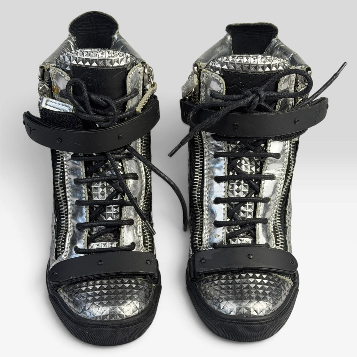 Giuseppe Zanotti Silver Diamond Embossed Leather Wedge Sneakers