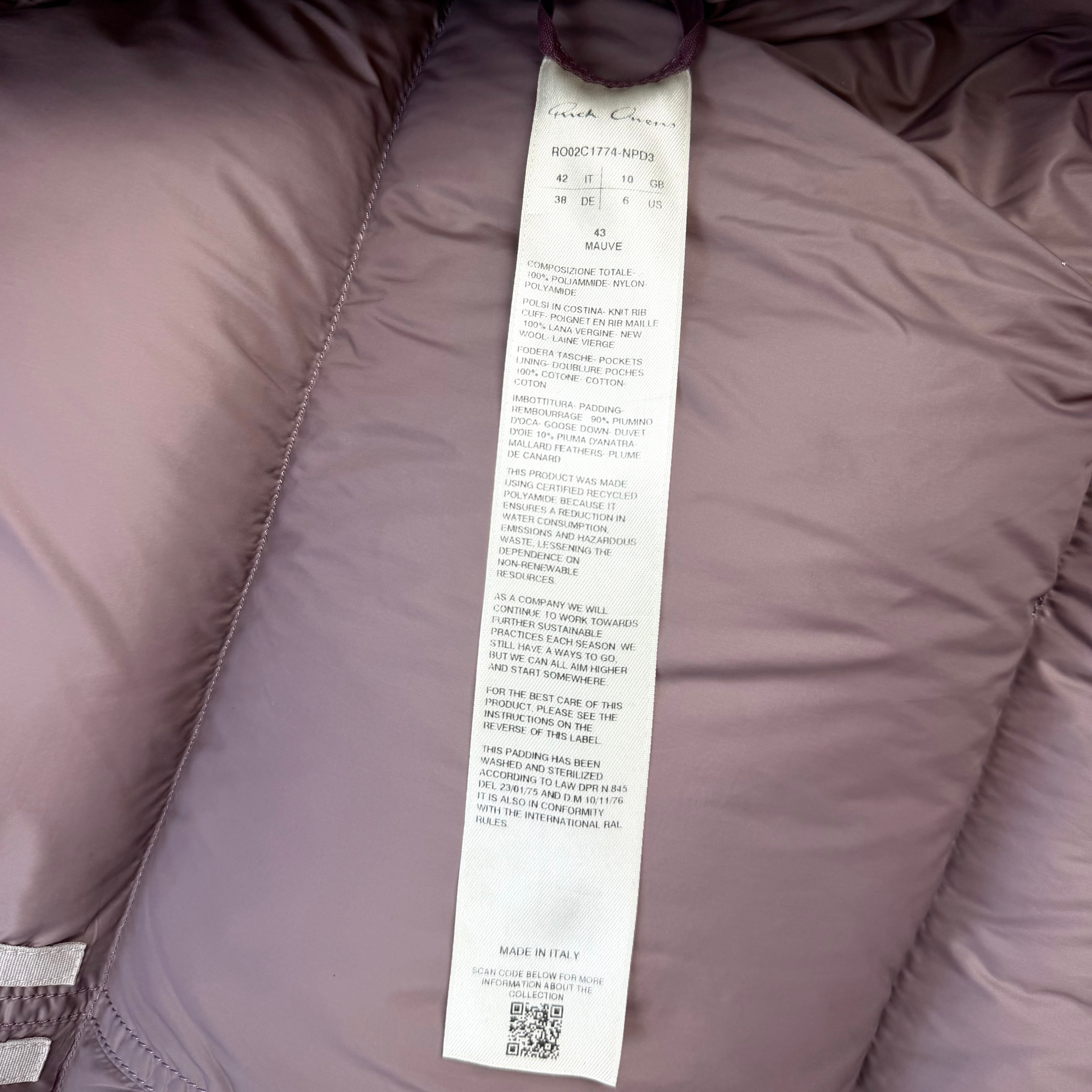 Rick Owens Funnel Neck Down Puffer Jacket Mauve