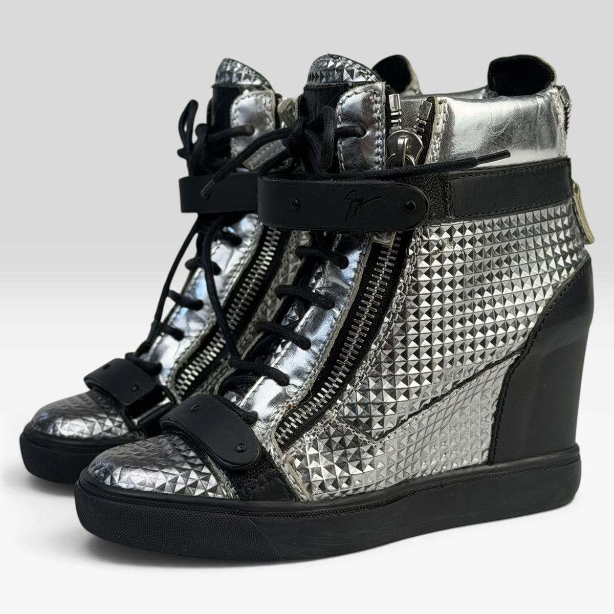 Giuseppe Zanotti Silver Diamond Embossed Leather Wedge Sneakers