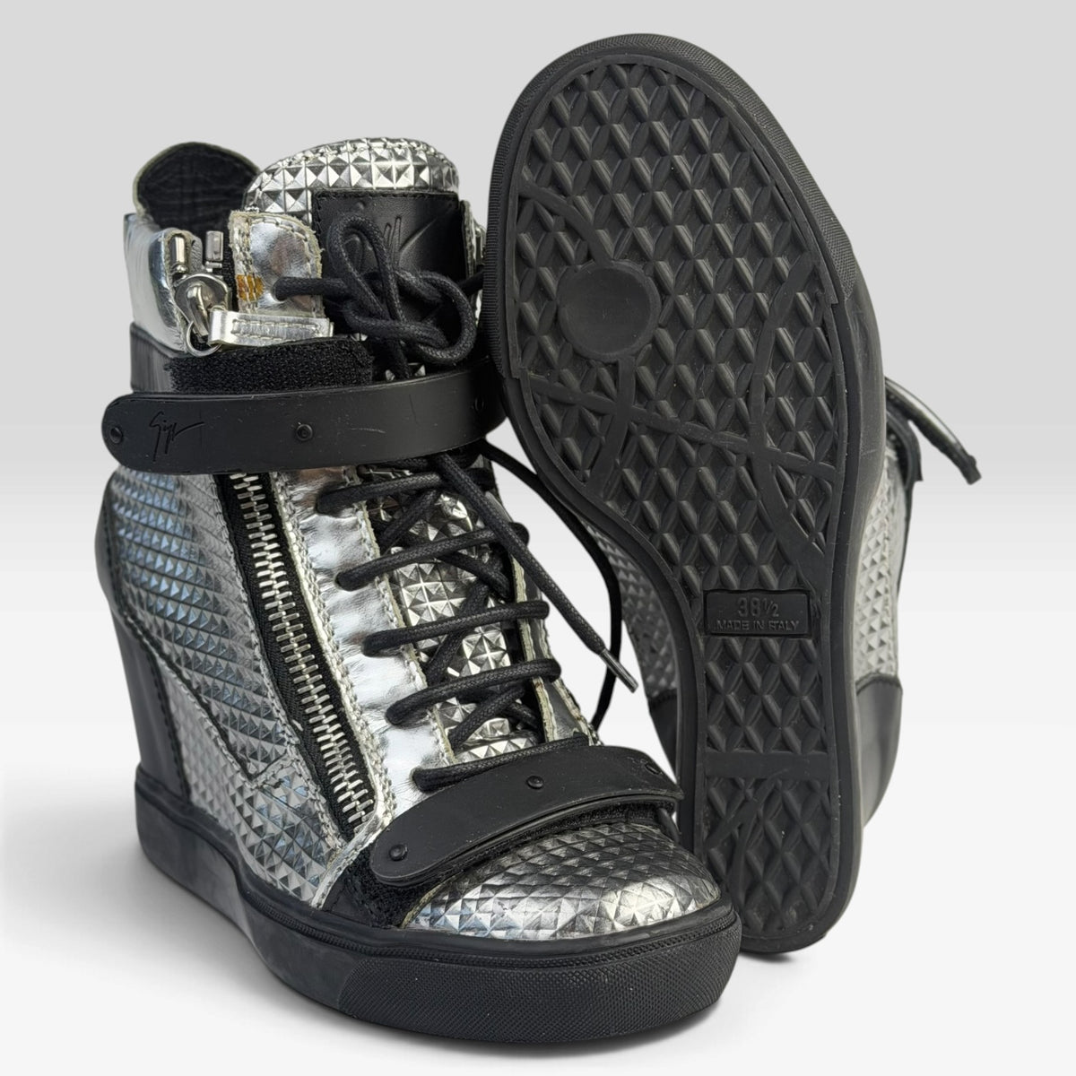 Giuseppe Zanotti Silver Diamond Embossed Leather Wedge Sneakers