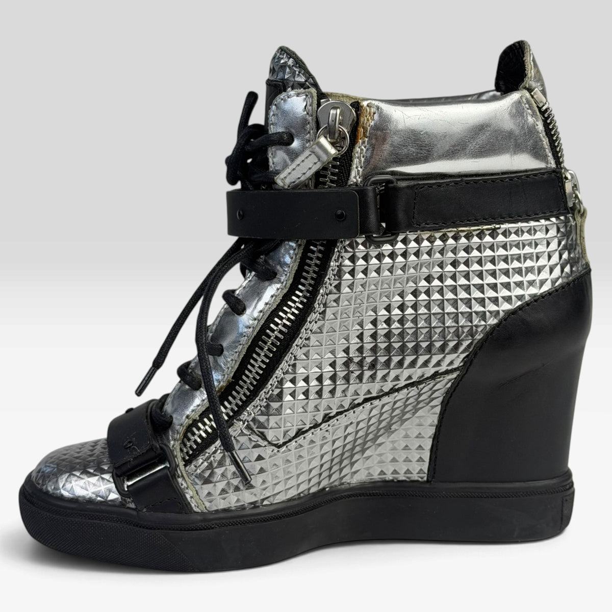Giuseppe Zanotti Silver Diamond Embossed Leather Wedge Sneakers