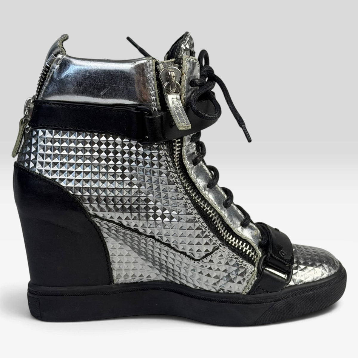 Giuseppe Zanotti Silver Diamond Embossed Leather Wedge Sneakers
