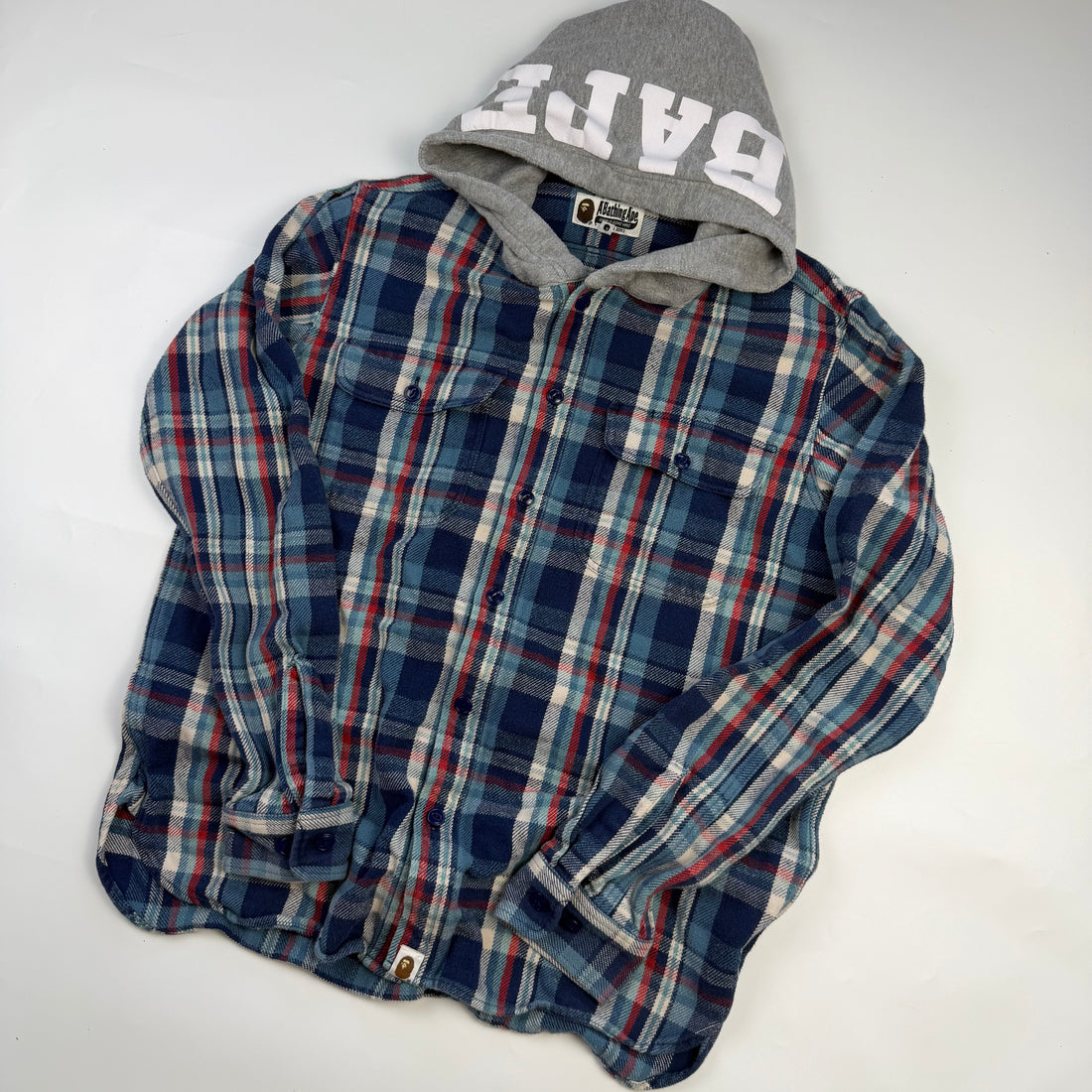 BAPE Flannel Check Hooded Shirt Blue, roșu, vedere din față