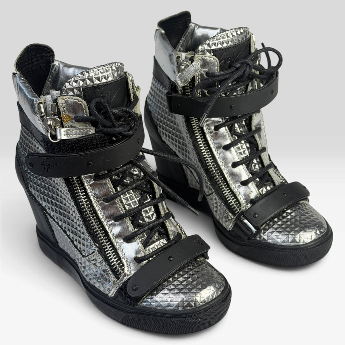 Giuseppe Zanotti Silver Diamond Embossed Leather Wedge Sneakers