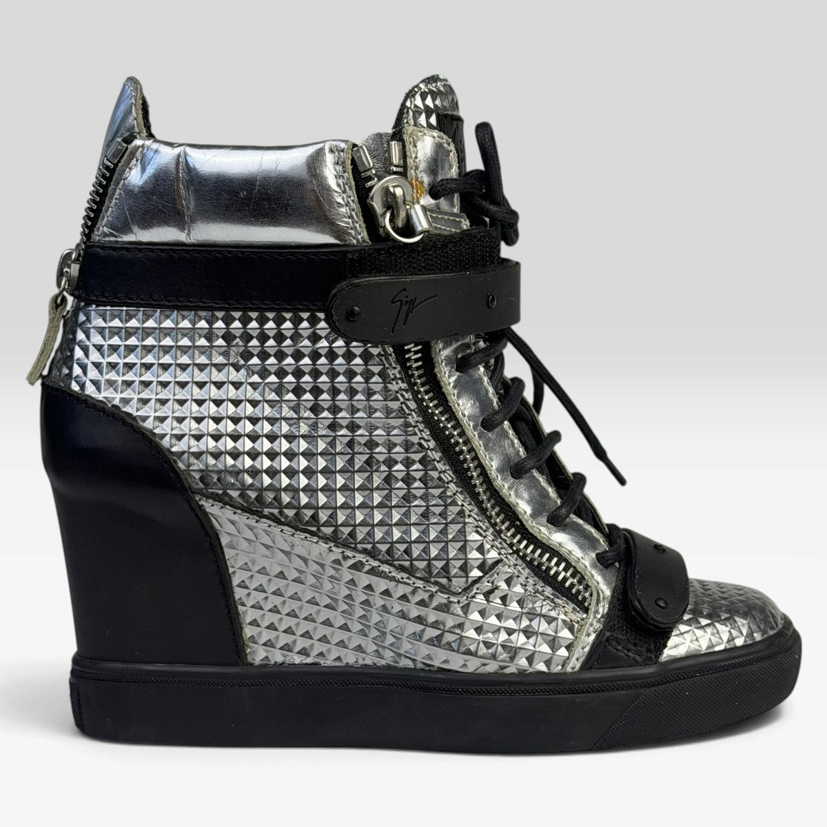 Giuseppe Zanotti Silver Diamond Embossed Leather Wedge Sneakers