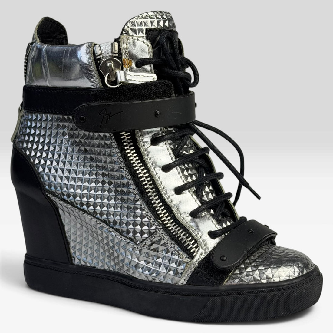 Giuseppe Zanotti Silver Diamond Embossed Leather Wedge Sneakers
