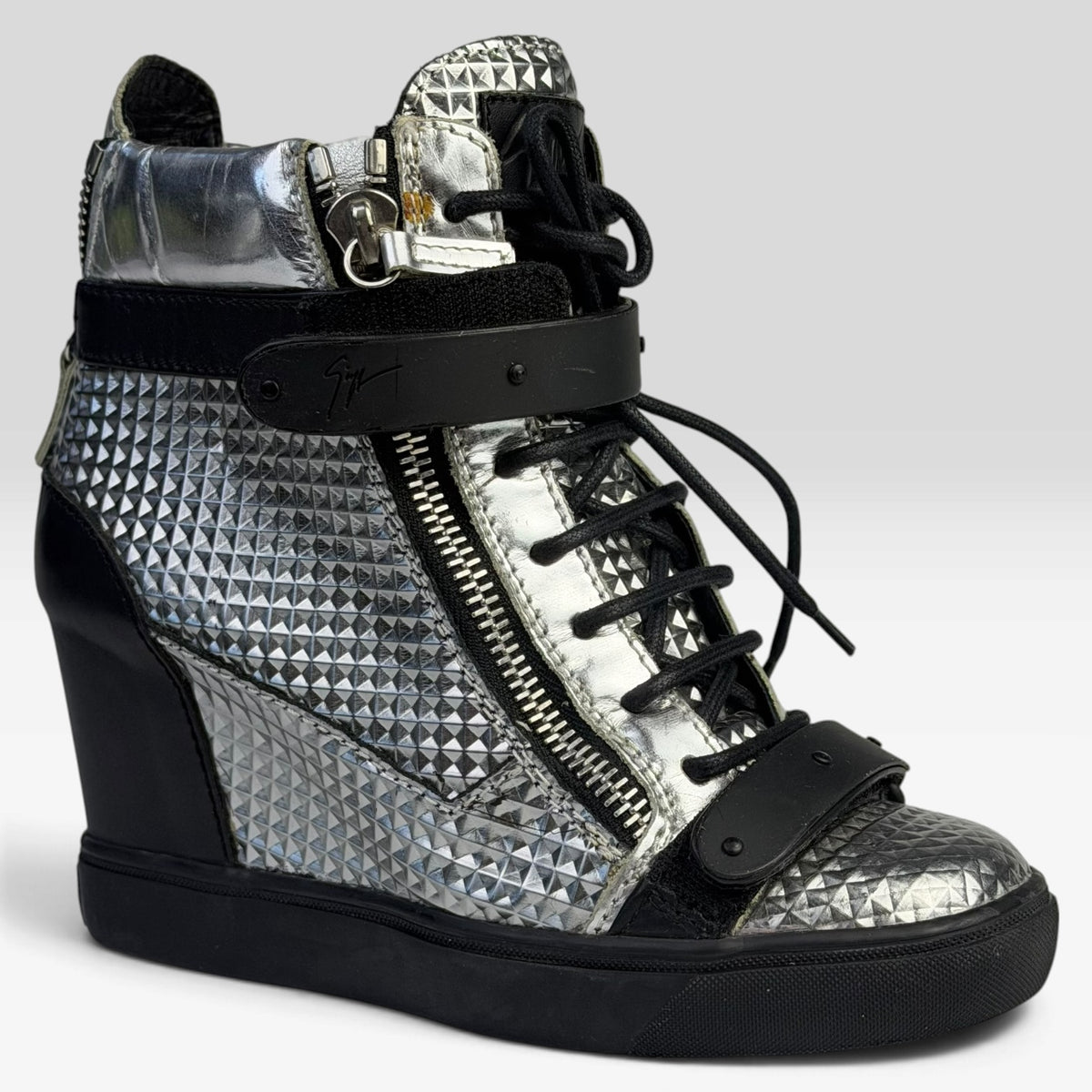 Giuseppe Zanotti Silver Diamond Embossed Leather Wedge Sneakers