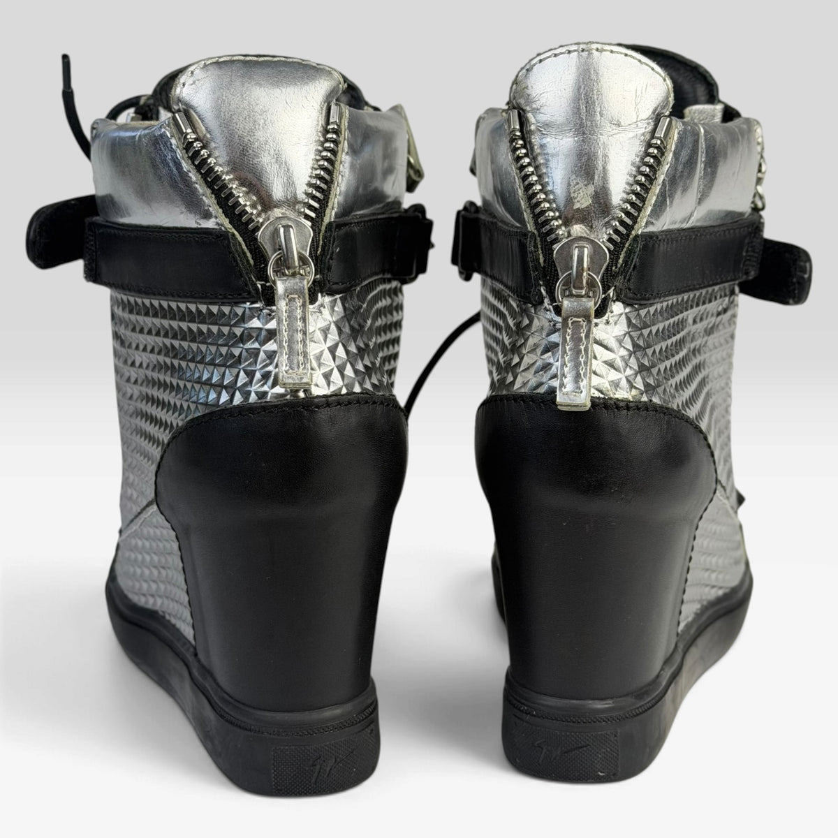 Giuseppe Zanotti Silver Diamond Embossed Leather Wedge Sneakers