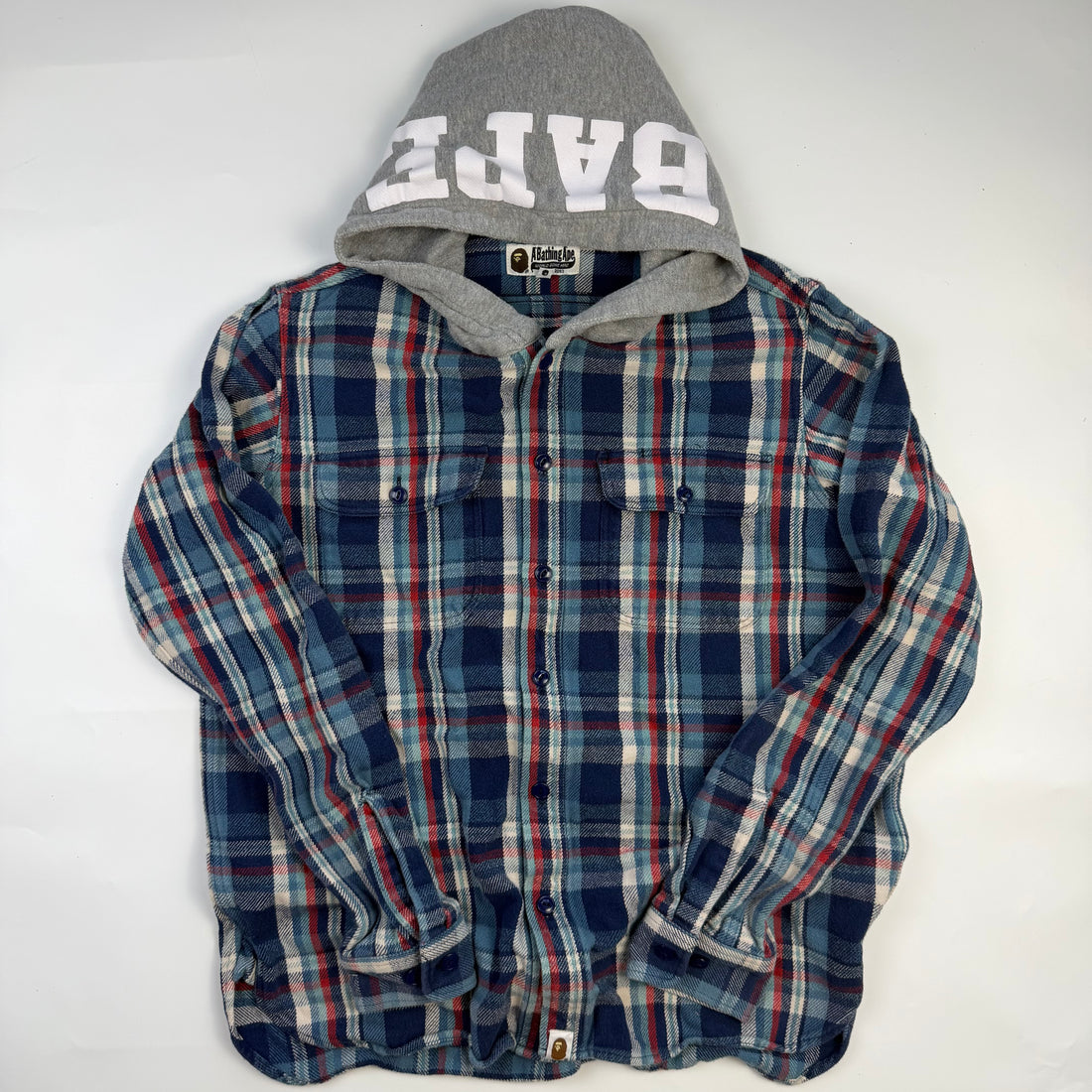 BAPE Flannel Check Hooded Shirt Blue, roșu, vedere din față