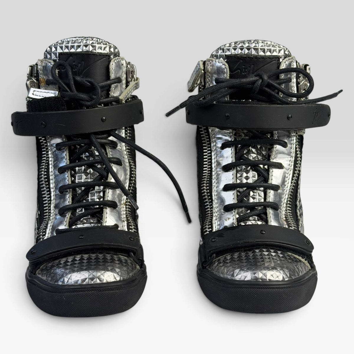 Giuseppe Zanotti Silver Diamond Embossed Leather Wedge Sneakers