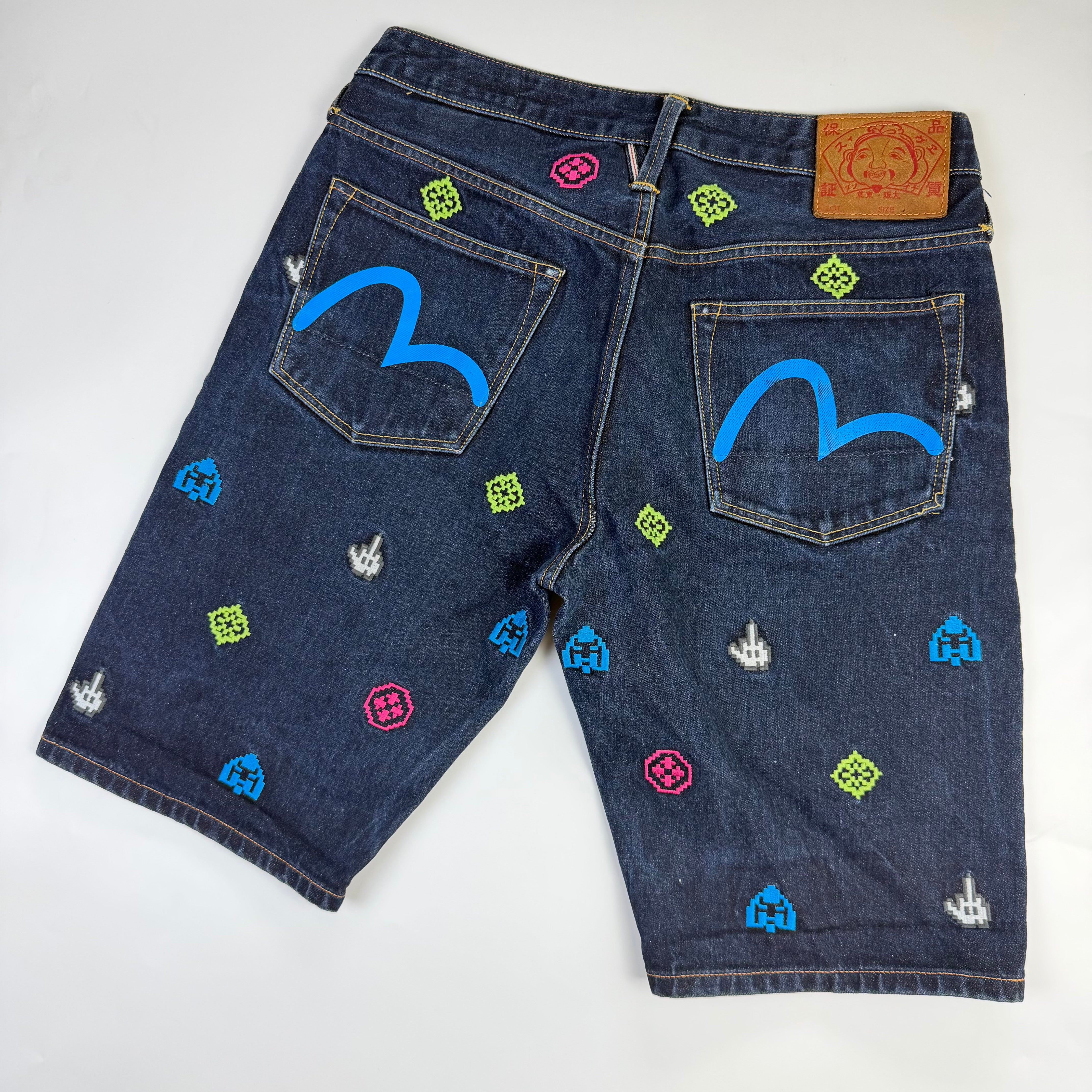 Evisu 8-bit Embroidery Denim Shorts