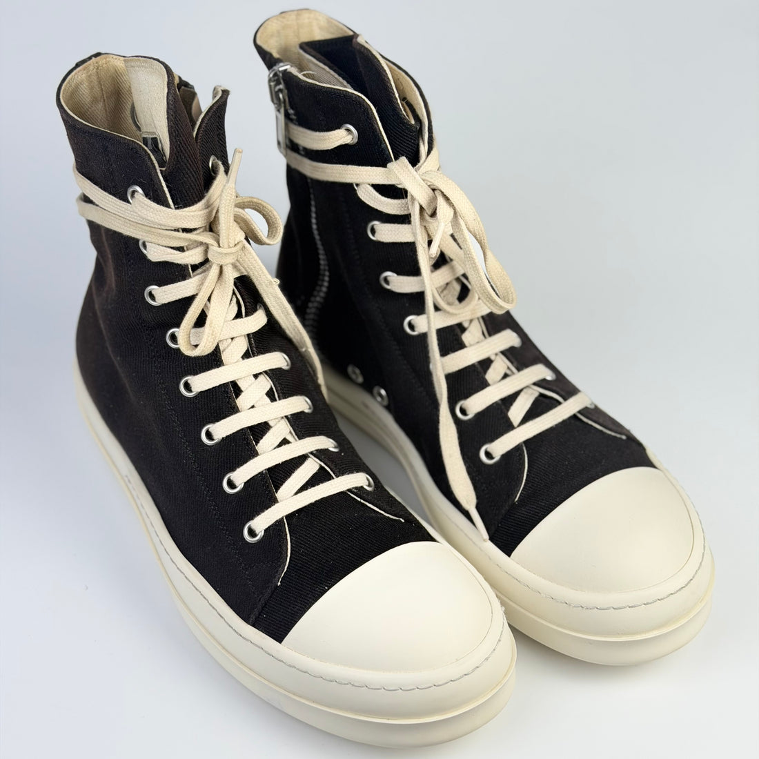V STEALS Rick Owens Ramones high-top sneakers in black canvas with oversized silver eyelets and cream rubber toe cap