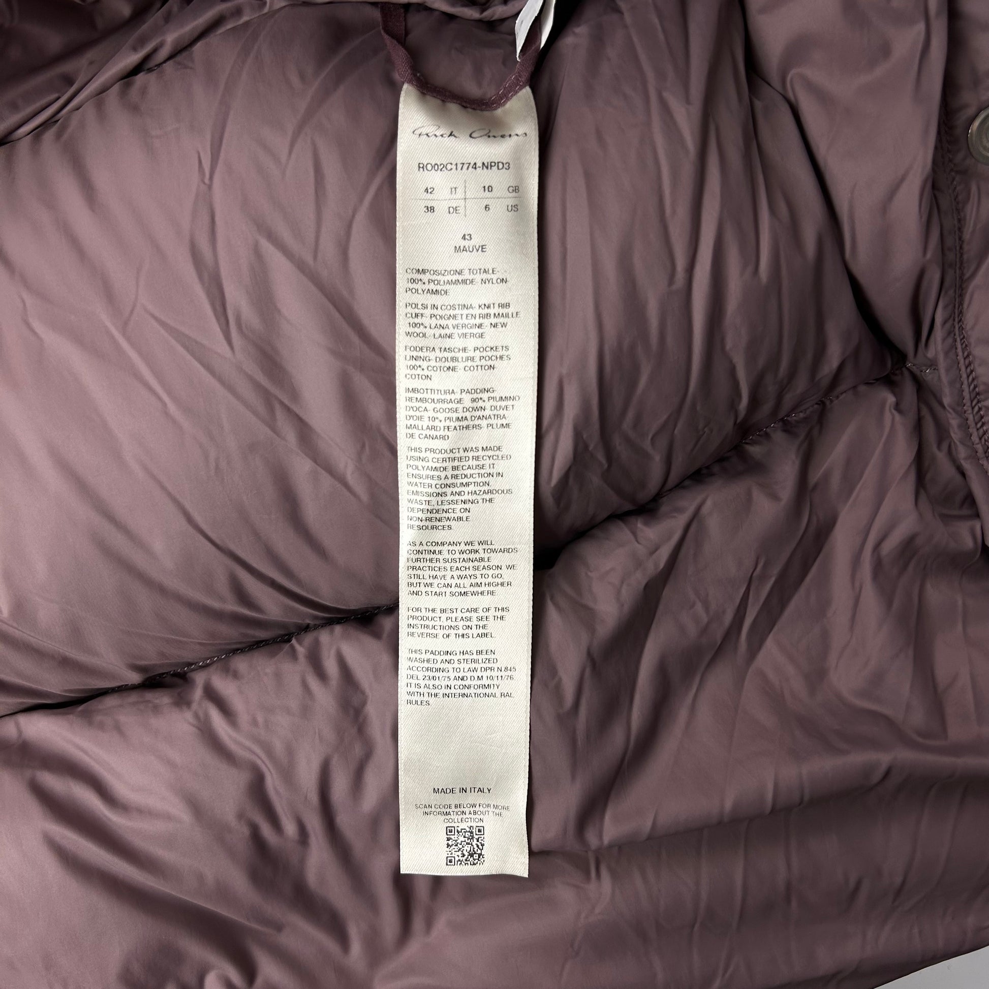 Rick Owens Funnel Neck Down Puffer Jacket