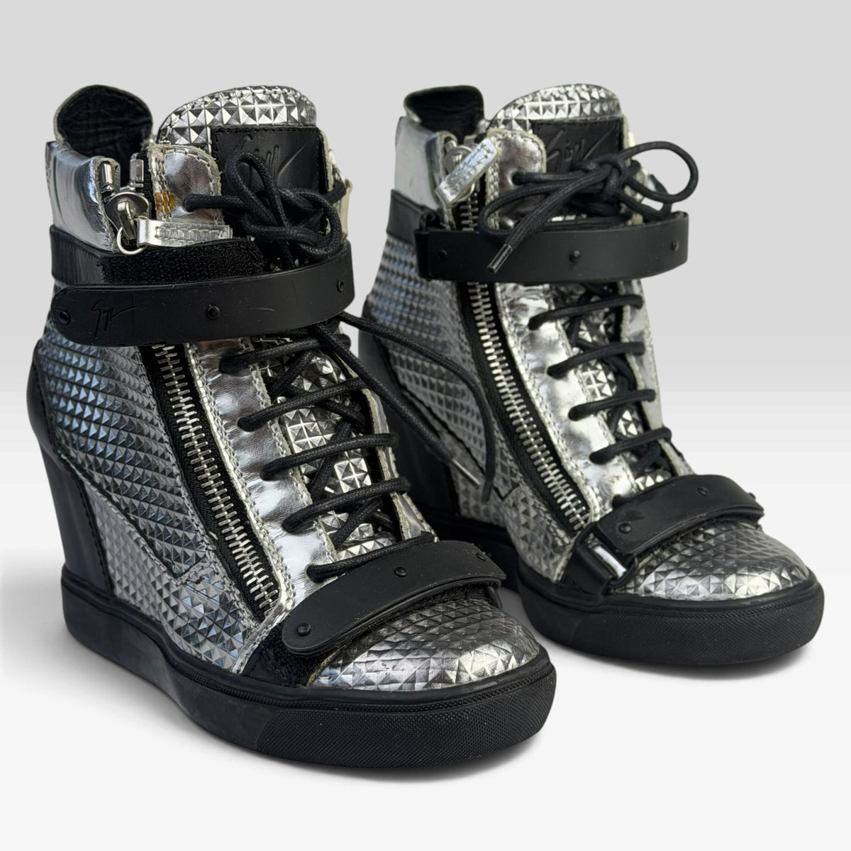 Giuseppe Zanotti Silver Diamond Embossed Leather Wedge Sneakers