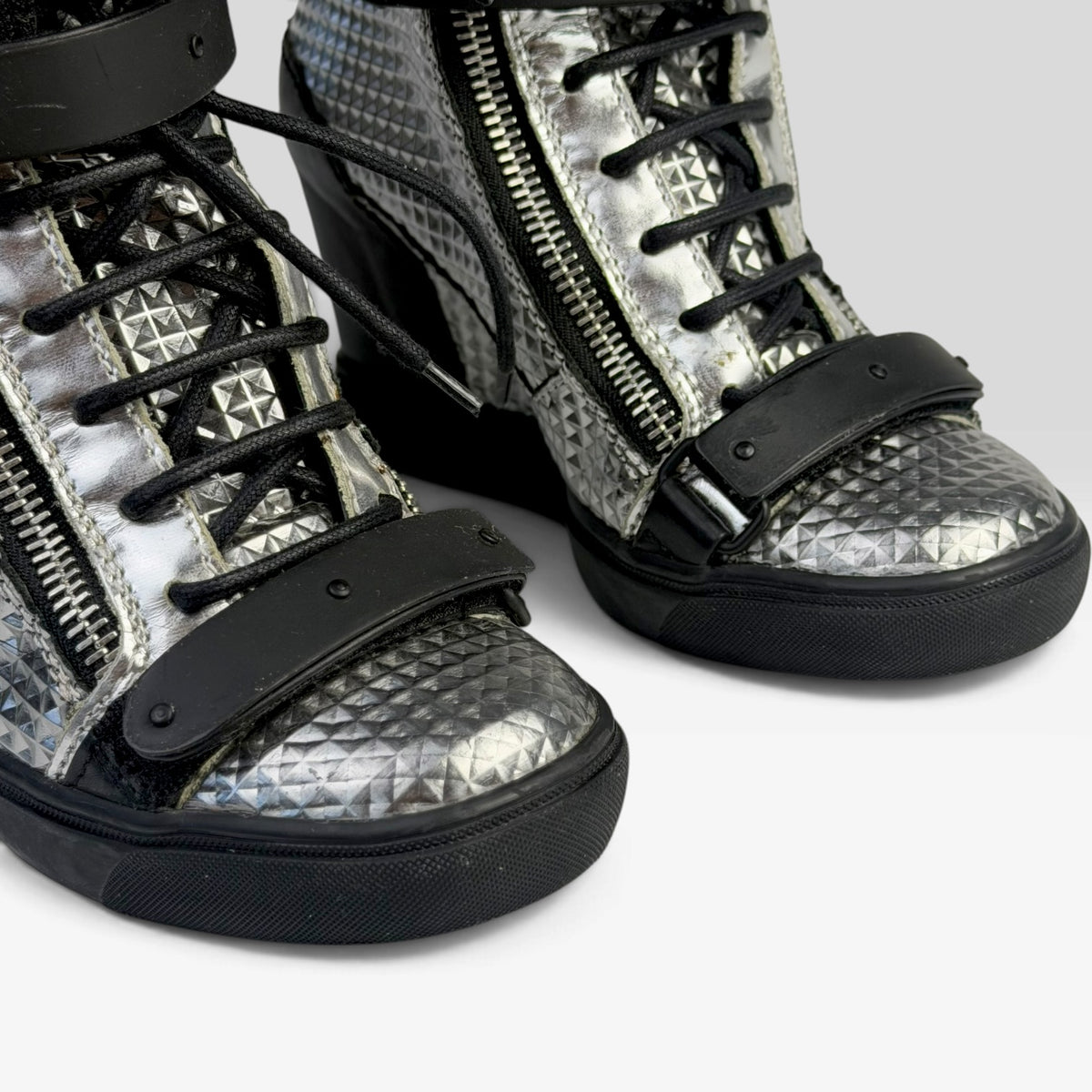 Giuseppe Zanotti Silver Diamond Embossed Leather Wedge Sneakers