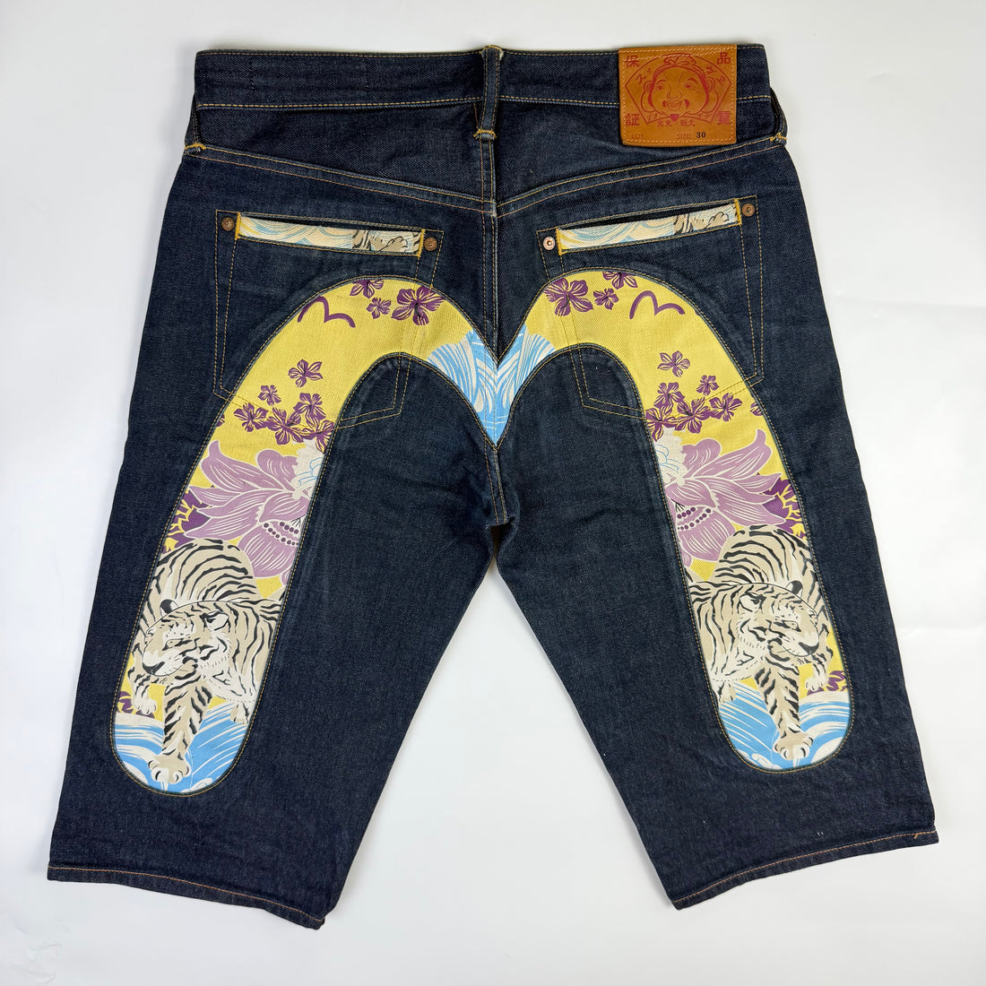 Evisu Daicock Tiger Japanese Tattoo Art Denim Shorts, vedere din față