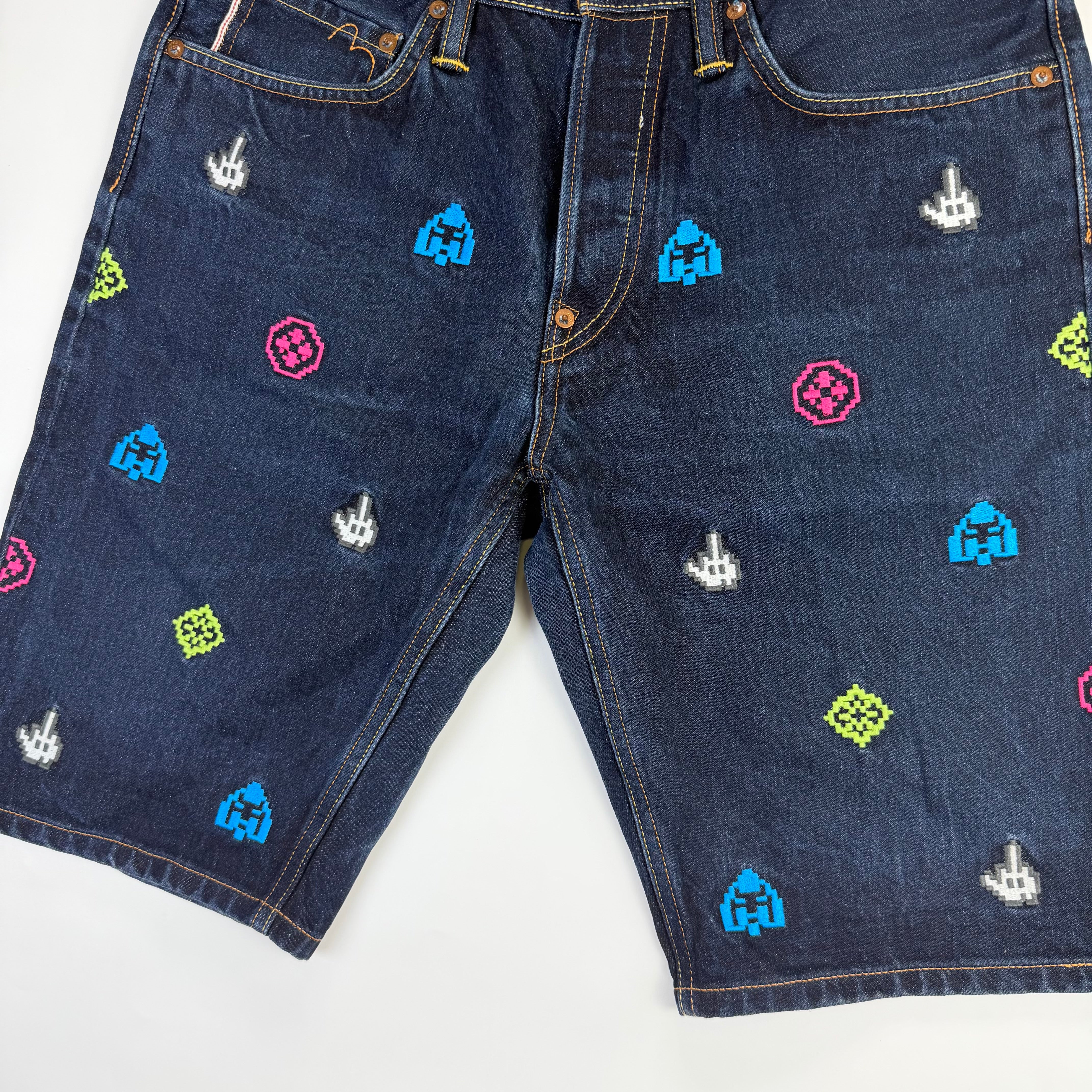 Evisu 8-bit Embroidery Denim Shorts