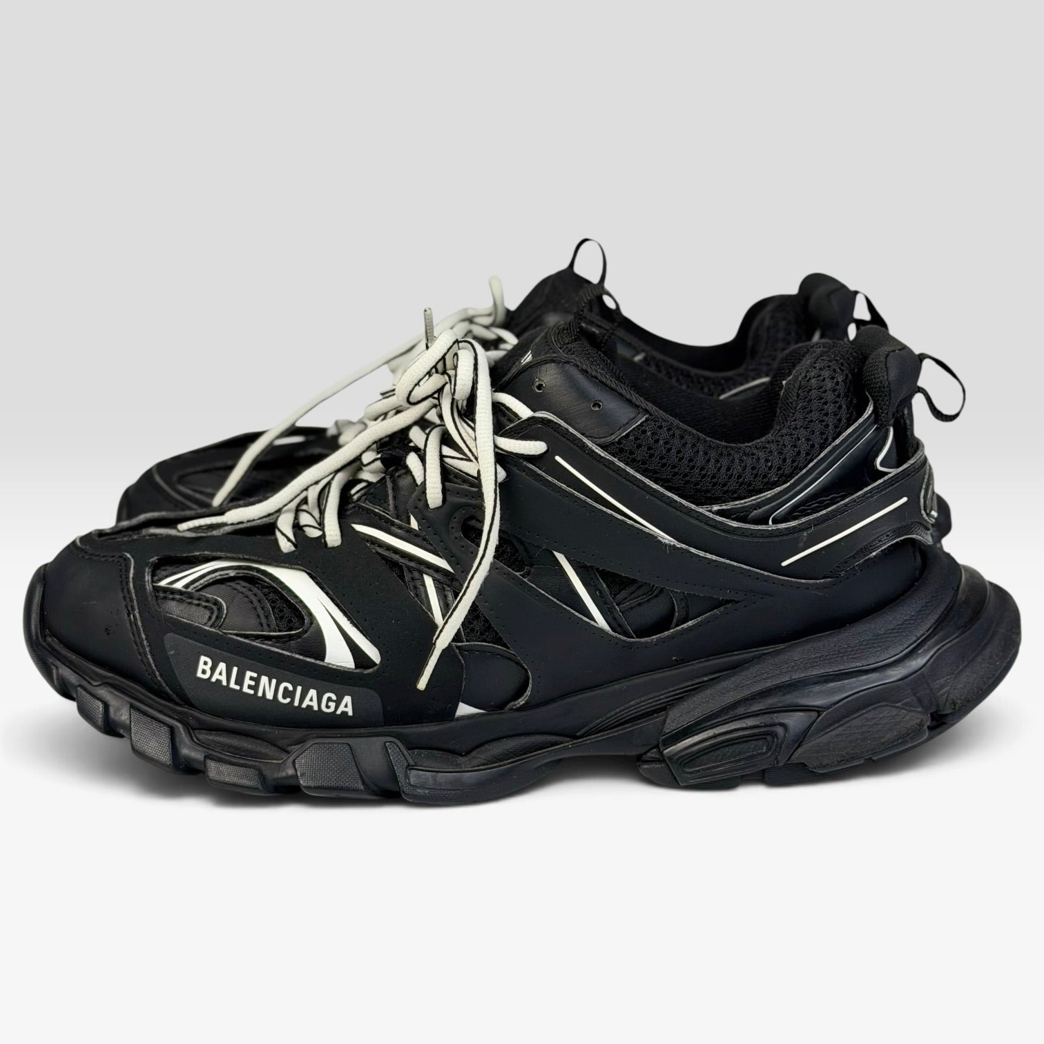 V STEALS Balenciaga Track sneakers in black mesh and synthetic caging with white laces and chunky lug sole