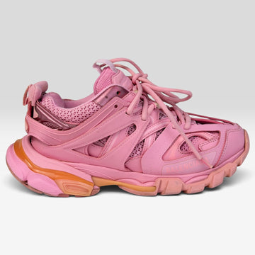 V STEALS pre-loved Balenciaga Track sneakers in monochromatic pink with technical mesh and layered synthetic overlays.