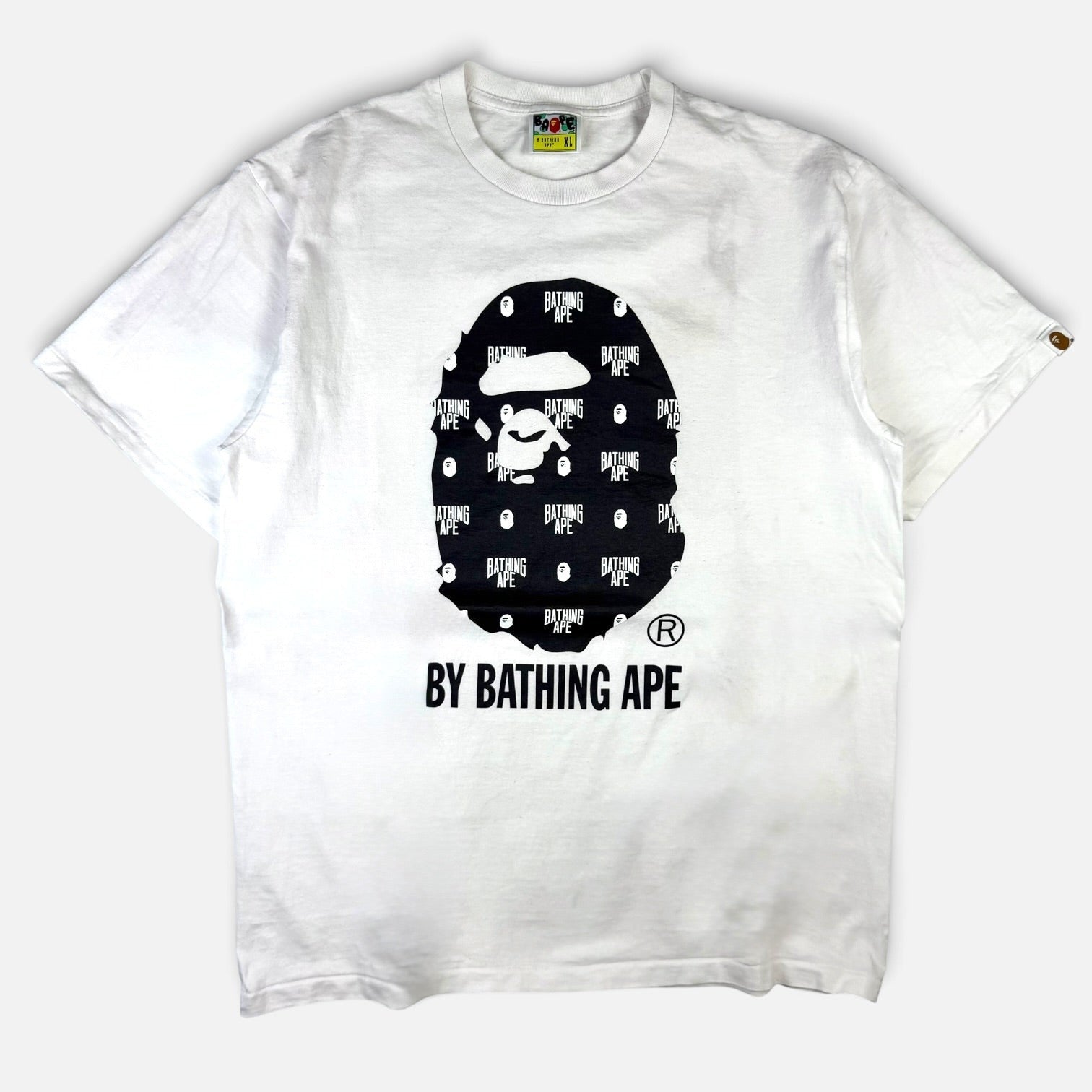 V STEALS white BAPE cotton t-shirt featuring a black Ape Head graphic with a repeating monogram pattern