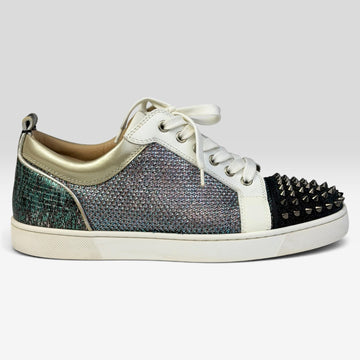 V STEALS Christian Louboutin Louis Junior sneakers with multicolor glitter, lizard-embossed leather, and silver spikes.
