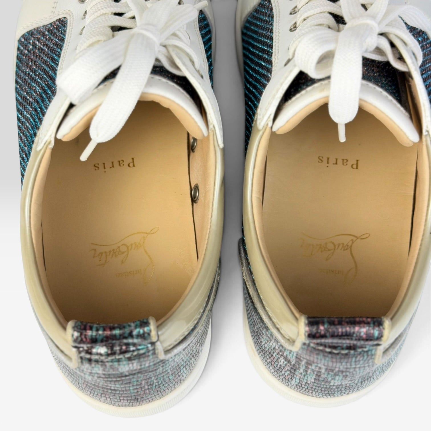 V STEALS Christian Louboutin Louis Junior sneakers featuring multicolor glitter and lizard embossed leather details