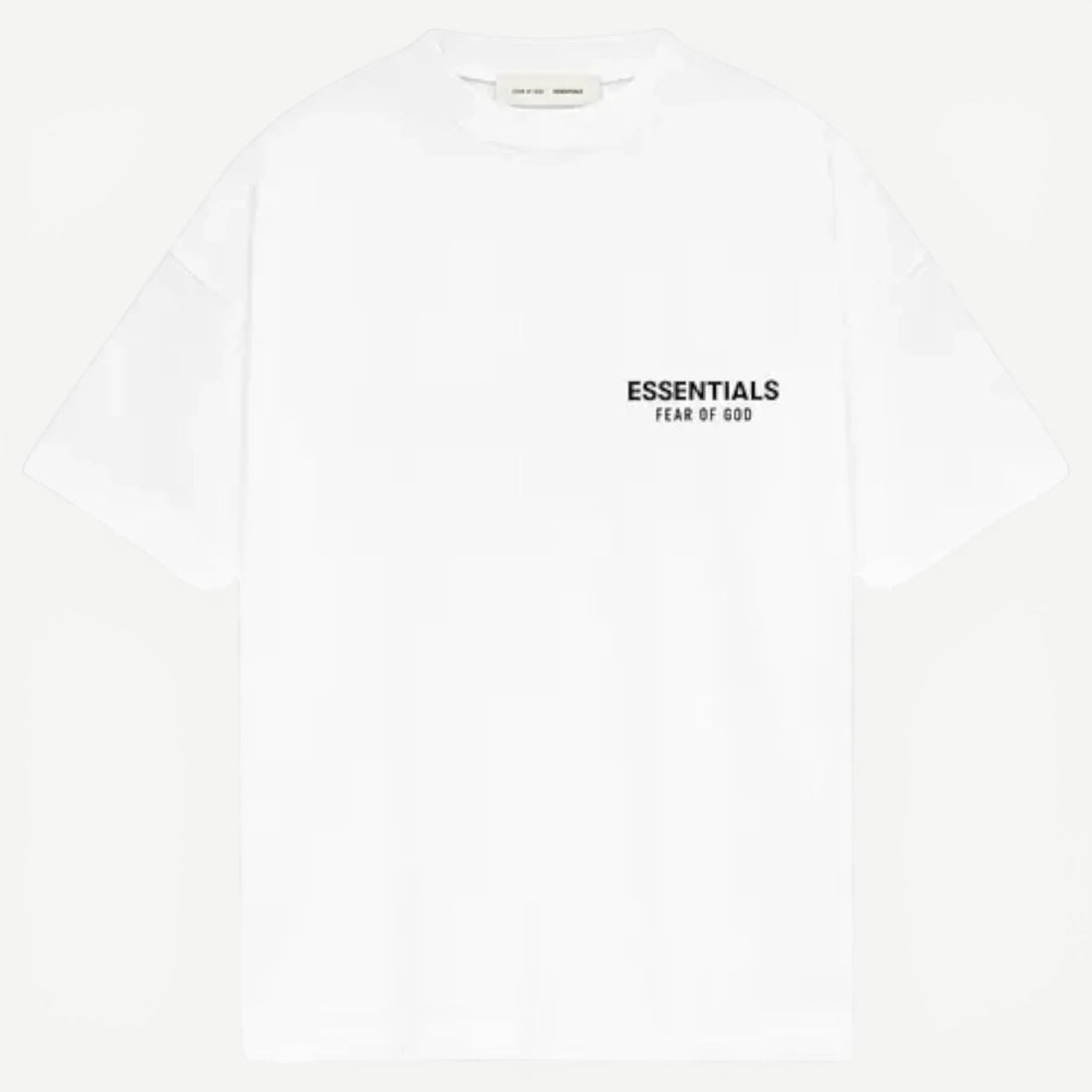 V STEALS Fear Of God Essentials Bright White oversized cotton t-shirt with black logo branding on the back