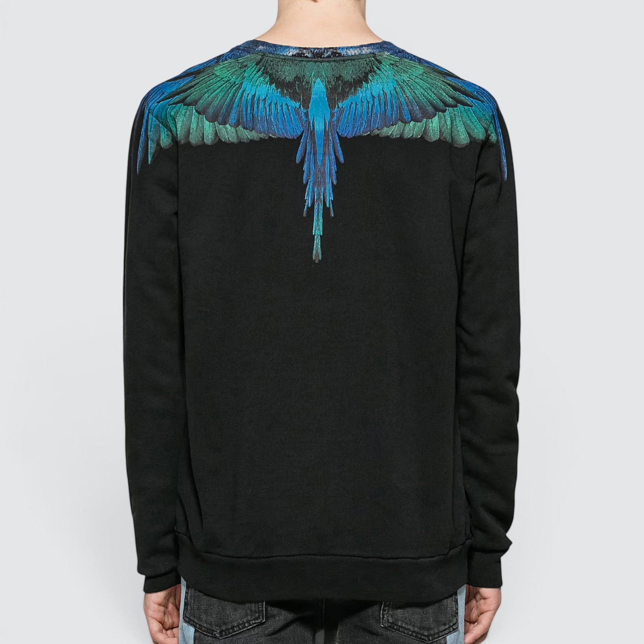 V STEALS Marcelo Burlon black cotton crewneck sweatshirt featuring a blue wings graphic print on the back
