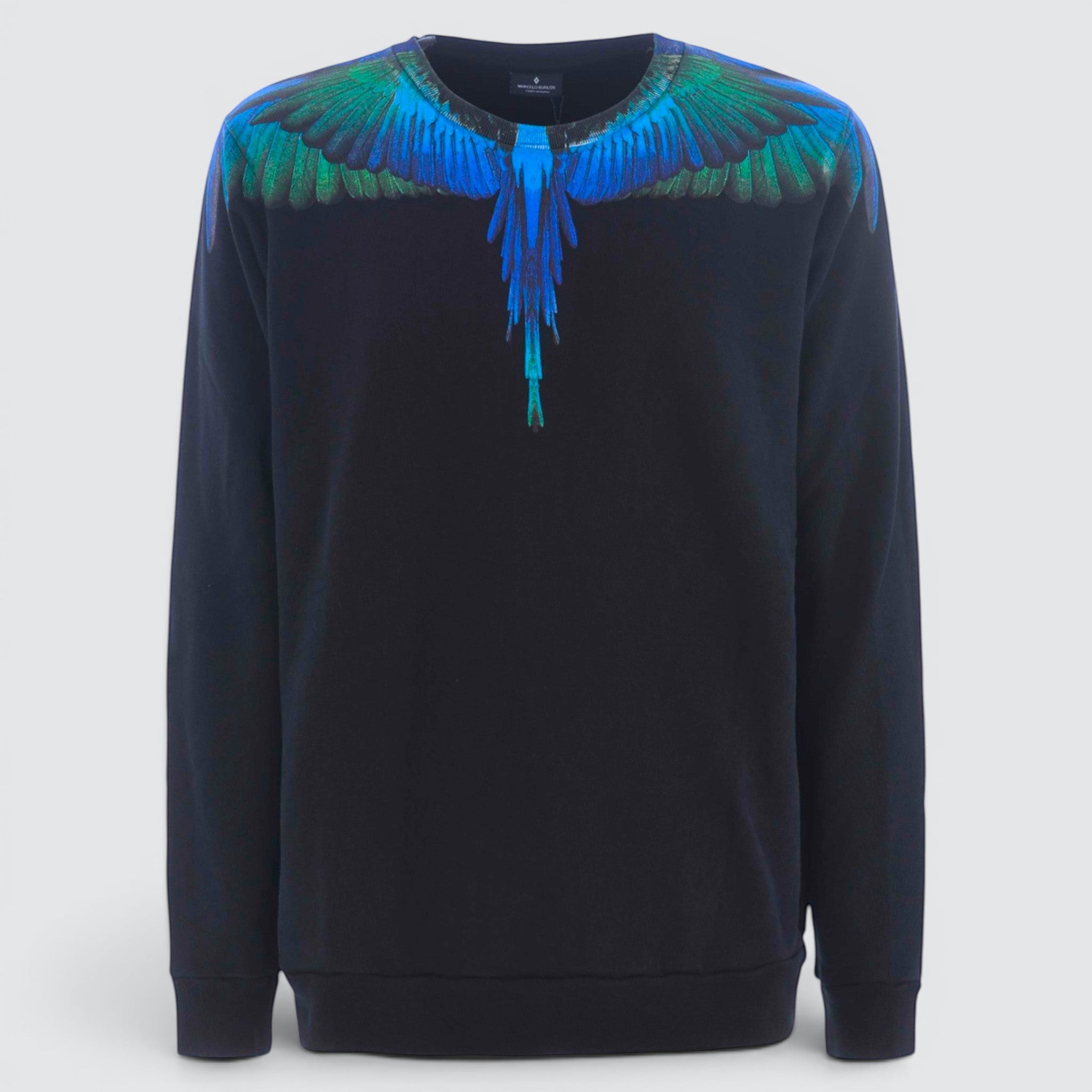 V STEALS Marcelo Burlon black cotton crewneck sweatshirt featuring a blue and green wings graphic print.