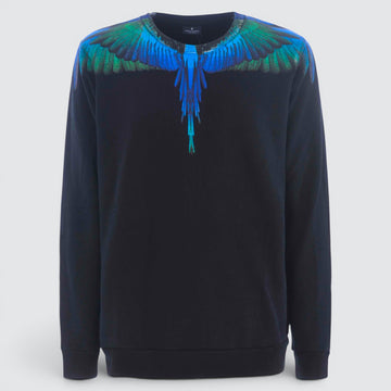 V STEALS Marcelo Burlon black cotton crewneck sweatshirt featuring a blue and green wings graphic print.