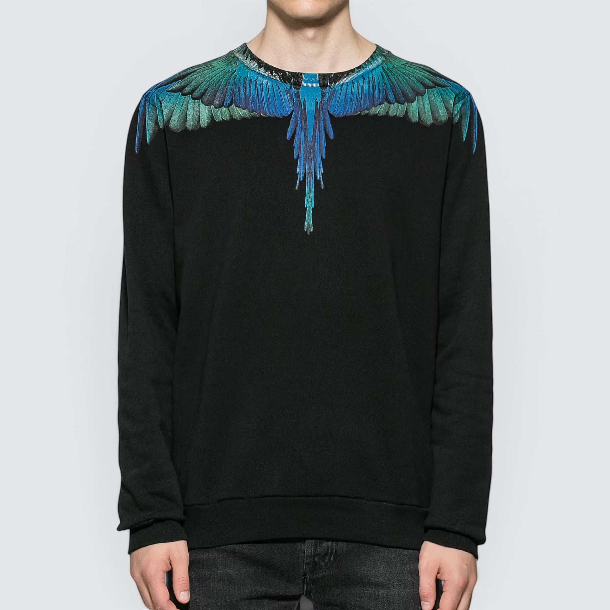 V STEALS Marcelo Burlon black crewneck sweatshirt featuring a vibrant blue and teal wings graphic print on shoulders