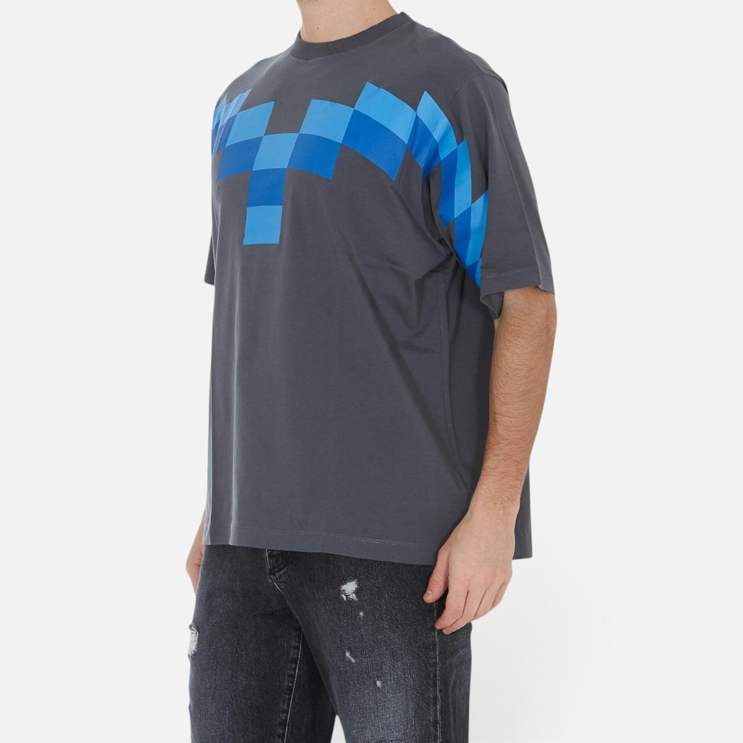 V STEALS Marcelo Burlon oversized grey cotton t-shirt with blue pixelated wings graphic on chest and shoulders