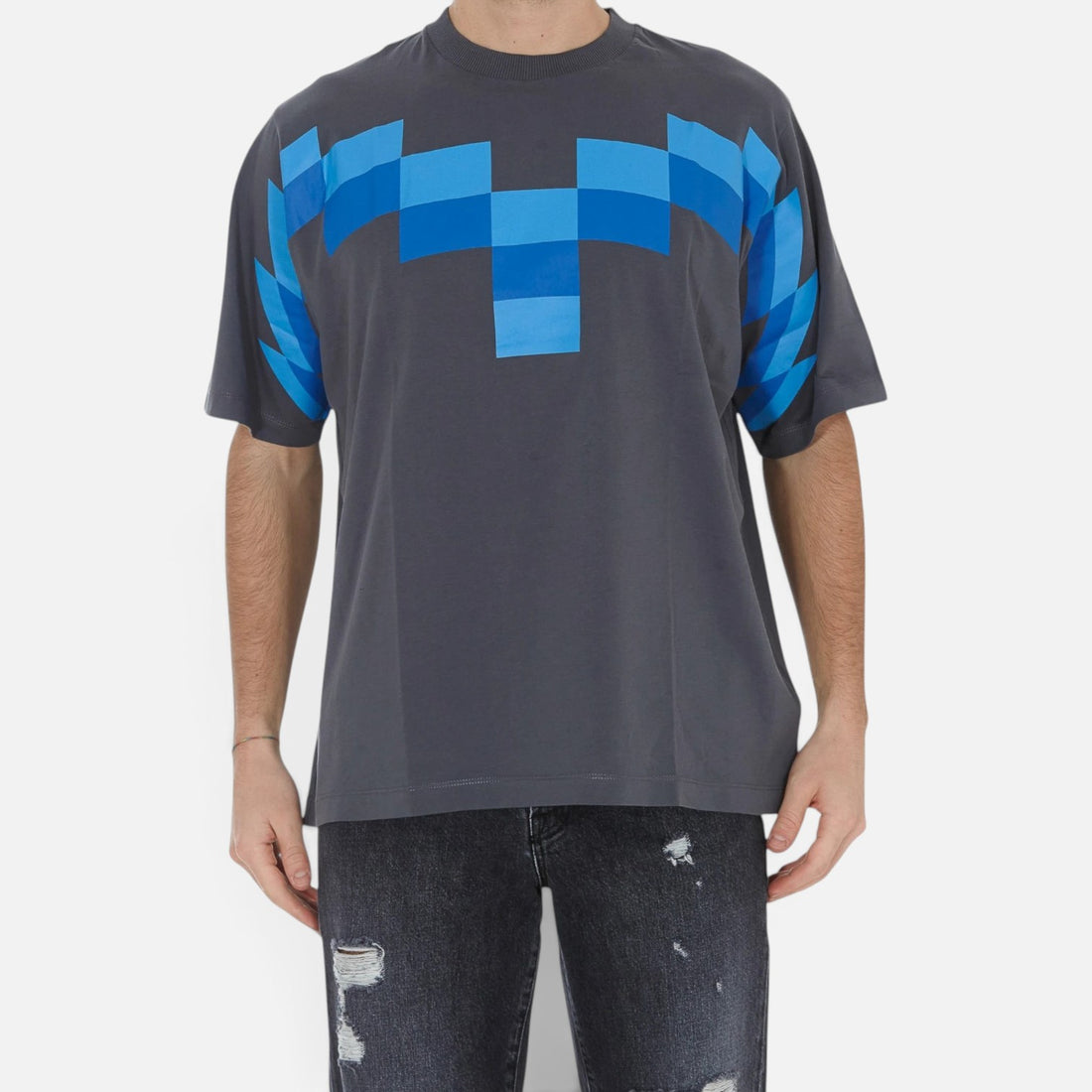 V STEALS Marcelo Burlon oversized grey cotton t-shirt with blue pixelated wings graphic print