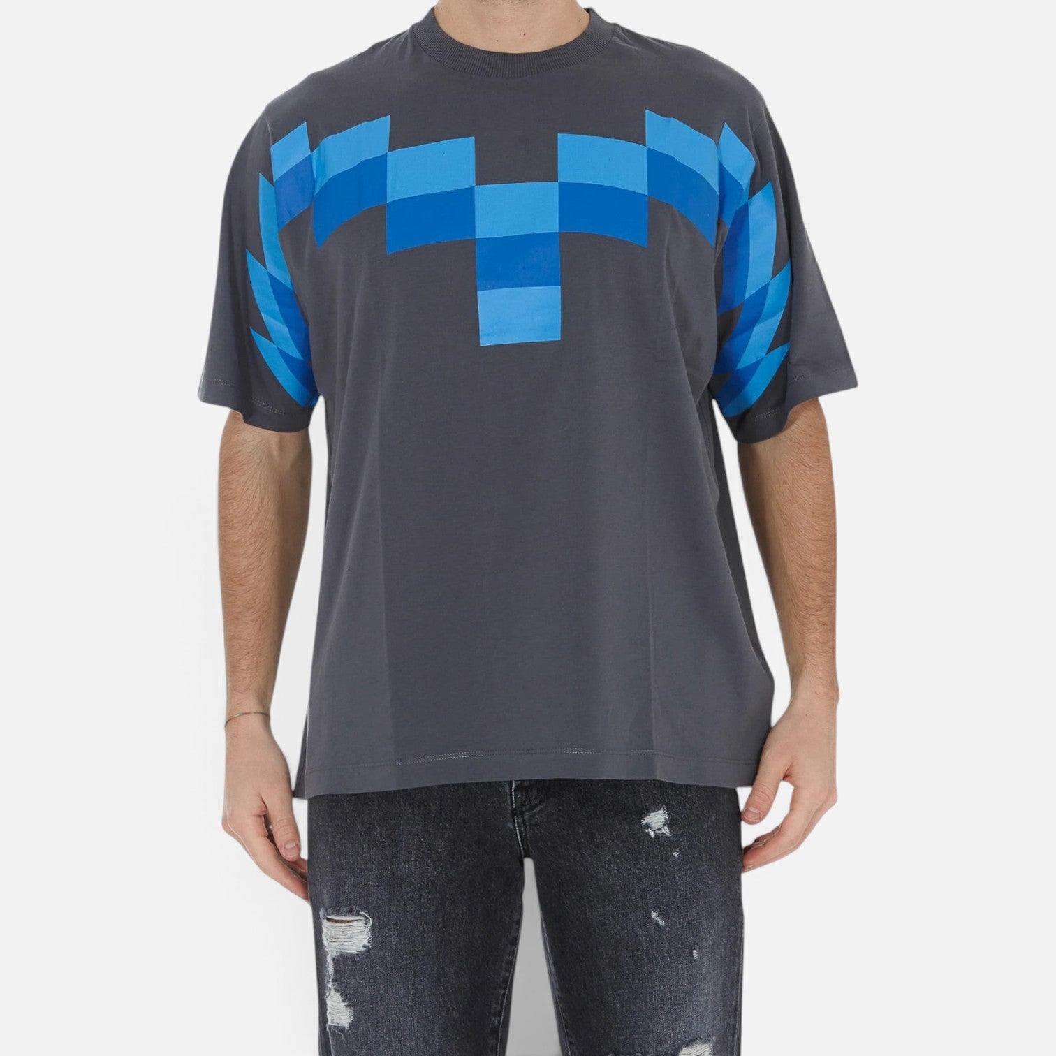 V STEALS Marcelo Burlon oversized grey cotton t-shirt with blue pixelated wings graphic print on chest and shoulders