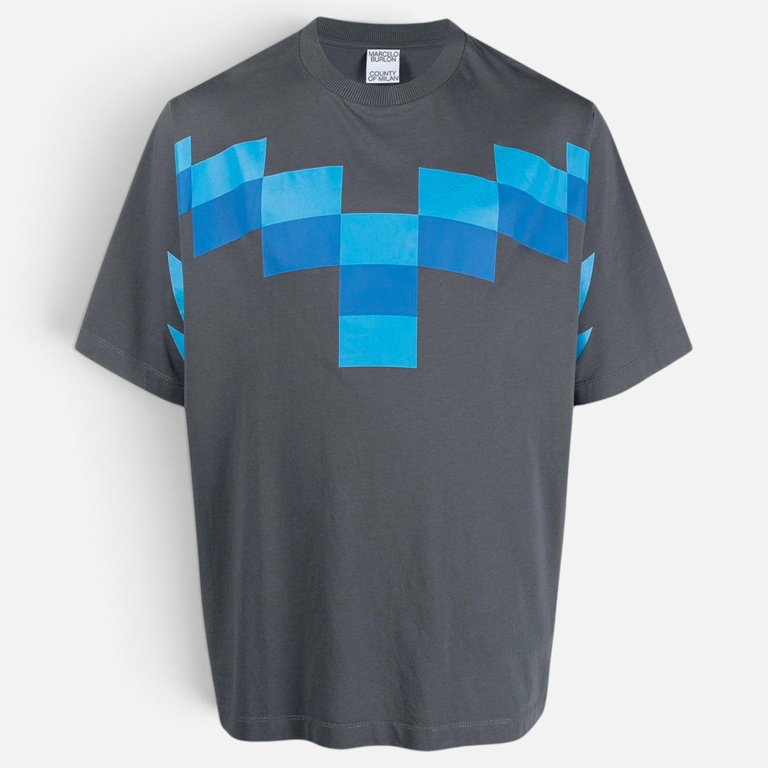 V STEALS Marcelo Burlon oversized grey cotton t-shirt with blue pixelated wings graphic print