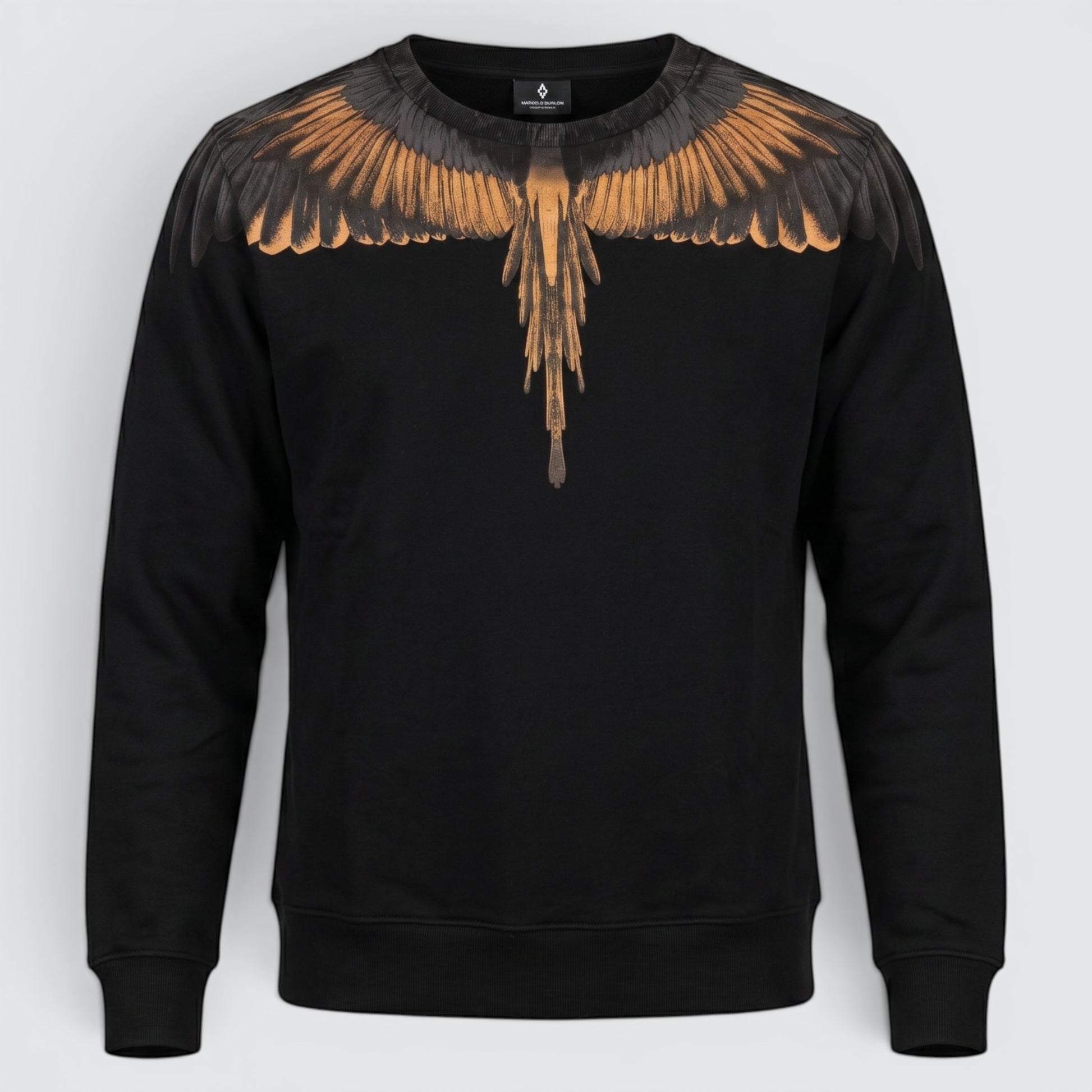 V STEALS Marcelo Burlon black french terry sweatshirt featuring the iconic gold and black wings graphic print