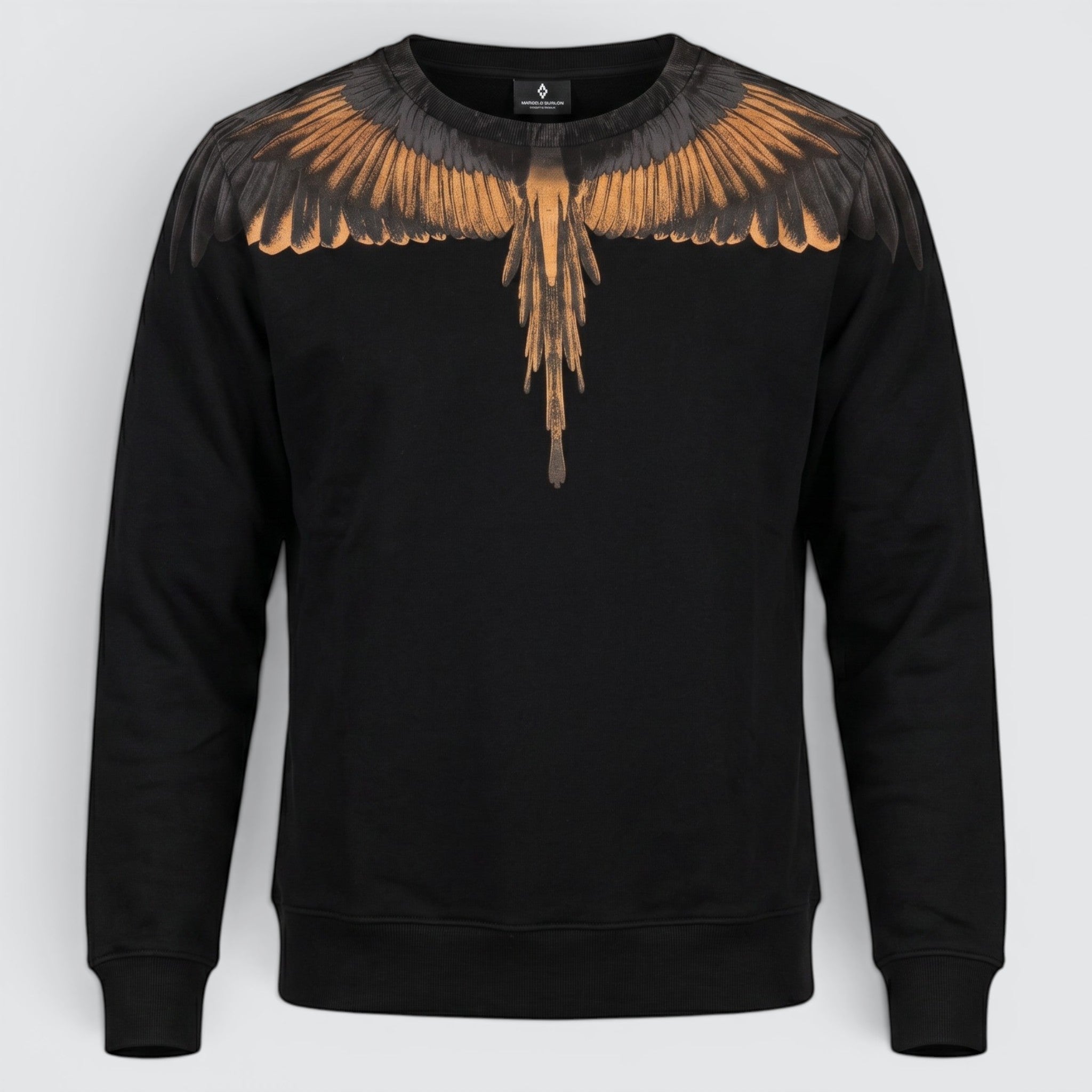 V STEALS Marcelo Burlon black french terry sweatshirt featuring the iconic gold and black wings graphic print