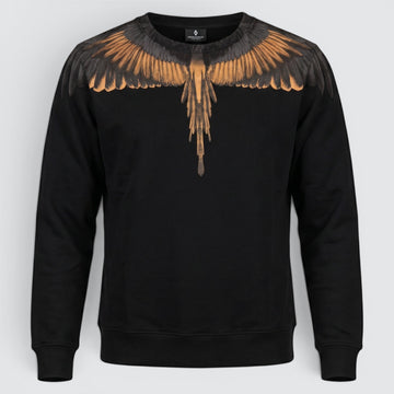 V STEALS Marcelo Burlon black french terry sweatshirt featuring the iconic gold and black wings graphic print