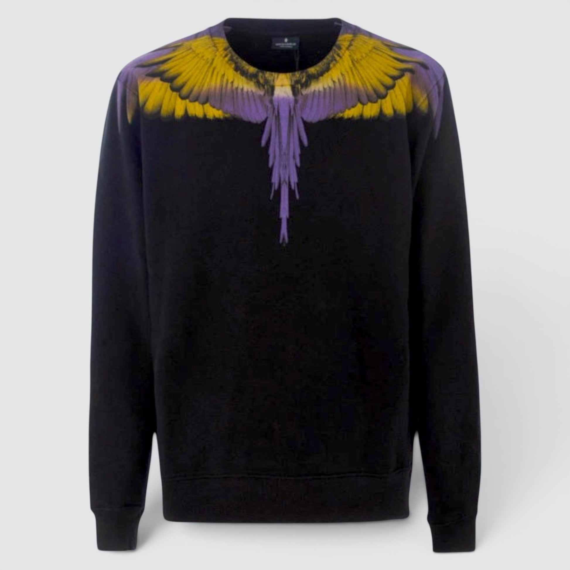 V STEALS Marcelo Burlon black crewneck sweatshirt featuring iconic yellow and purple wings graphic print on premium cotton