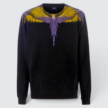 V STEALS Marcelo Burlon black crewneck sweatshirt featuring iconic yellow and purple wings graphic print on premium cotton