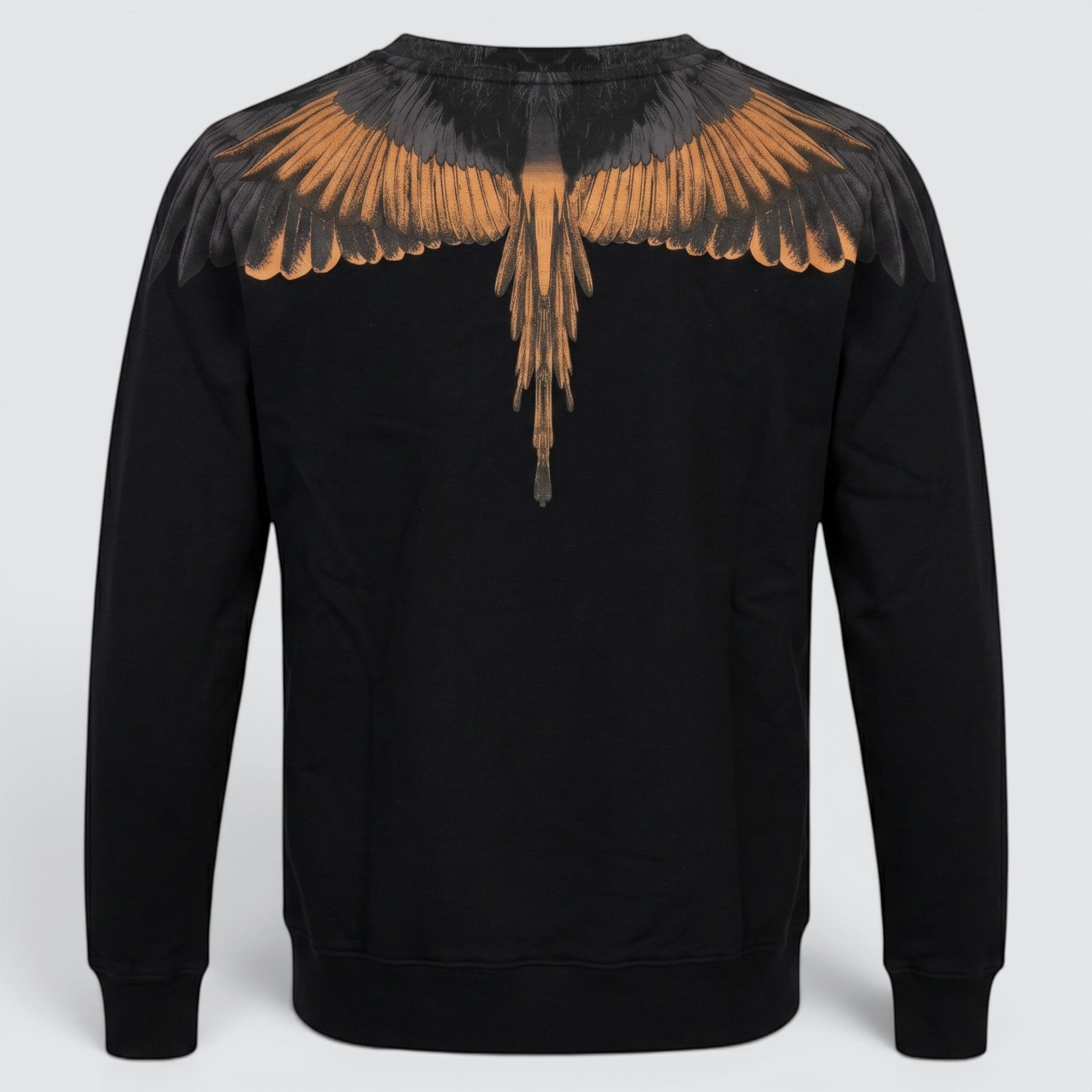 V STEALS Marcelo Burlon black french terry sweatshirt featuring the signature orange and grey wings graphic on the back