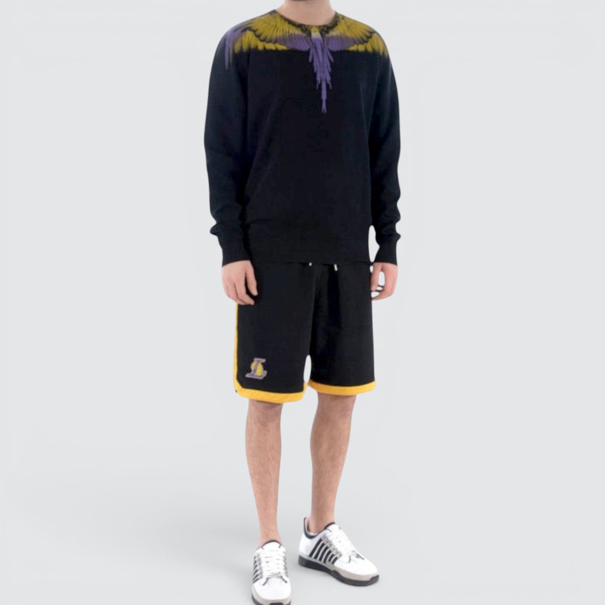 V STEALS Marcelo Burlon black sweatshirt featuring iconic yellow and purple wings graphic print on the shoulders.