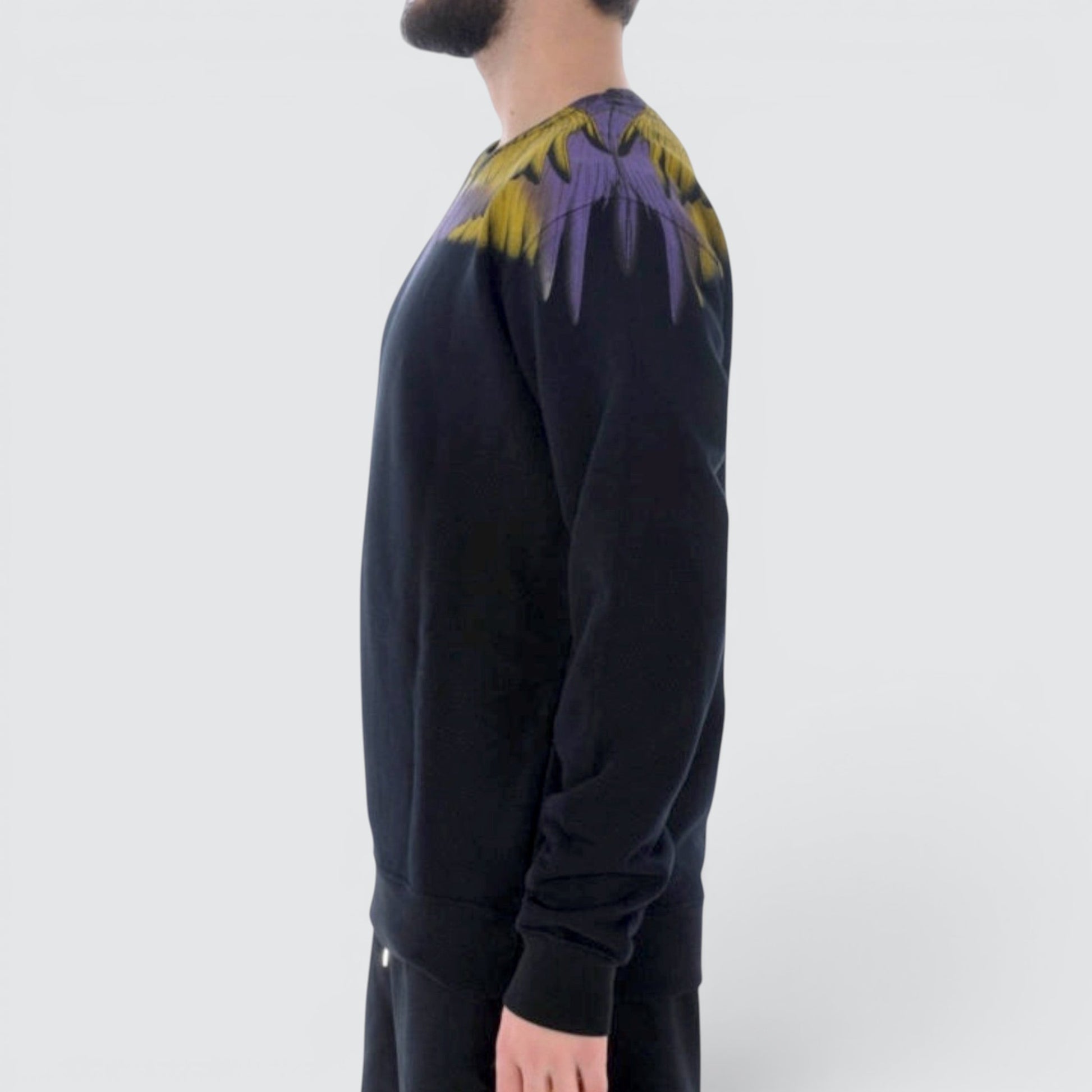 V STEALS Marcelo Burlon black premium cotton sweatshirt with yellow and purple wings graphic print, side view