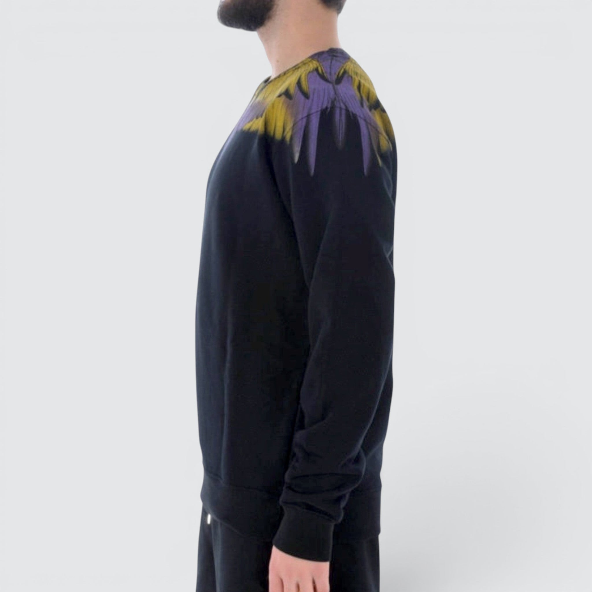 V STEALS Marcelo Burlon black premium cotton sweatshirt with yellow and purple wings graphic print, side view