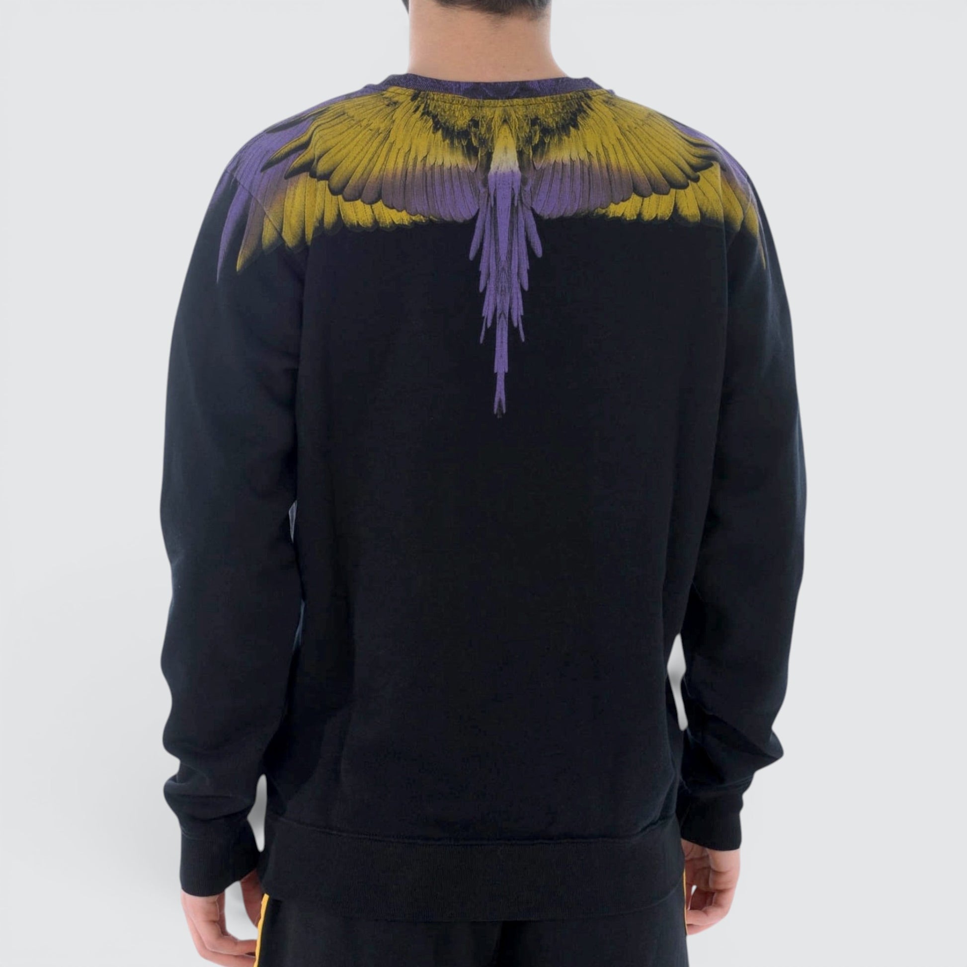 V STEALS Marcelo Burlon black cotton sweatshirt featuring iconic yellow and purple wings graphic print on the back