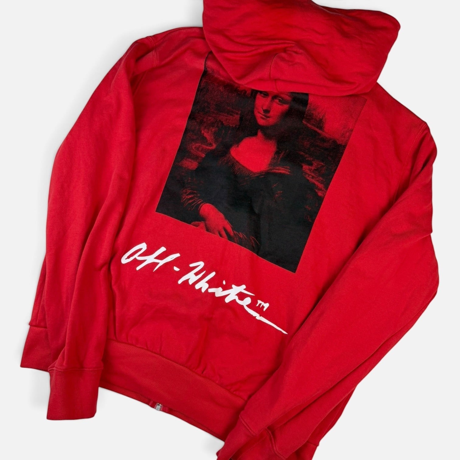 V STEALS red Off-White SS18 Mona Lisa zip hoodie featuring a large black Mona Lisa graphic and white logo on the back