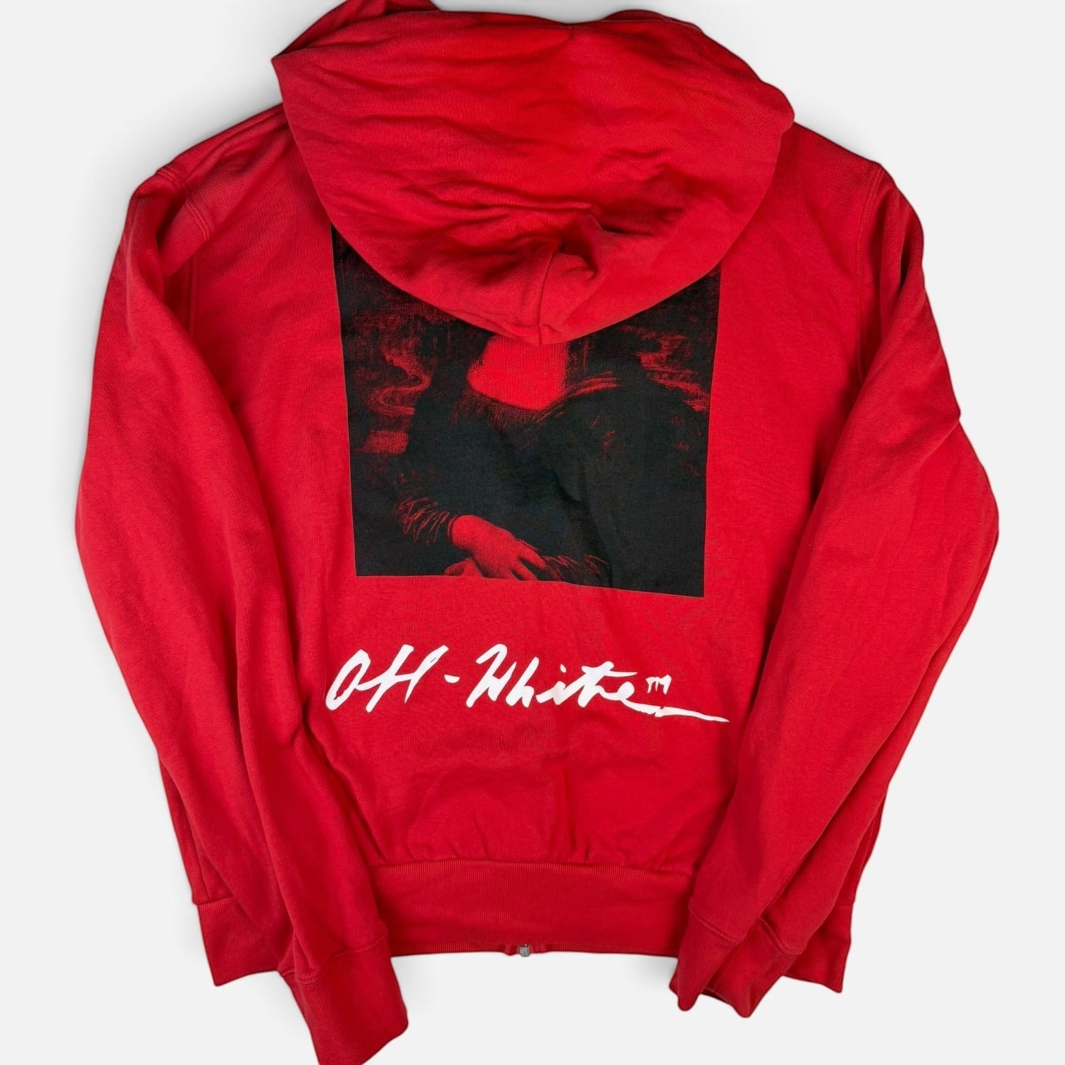 V STEALS red Off-White SS18 zip hoodie featuring a large black Mona Lisa graphic print on the back with white logo