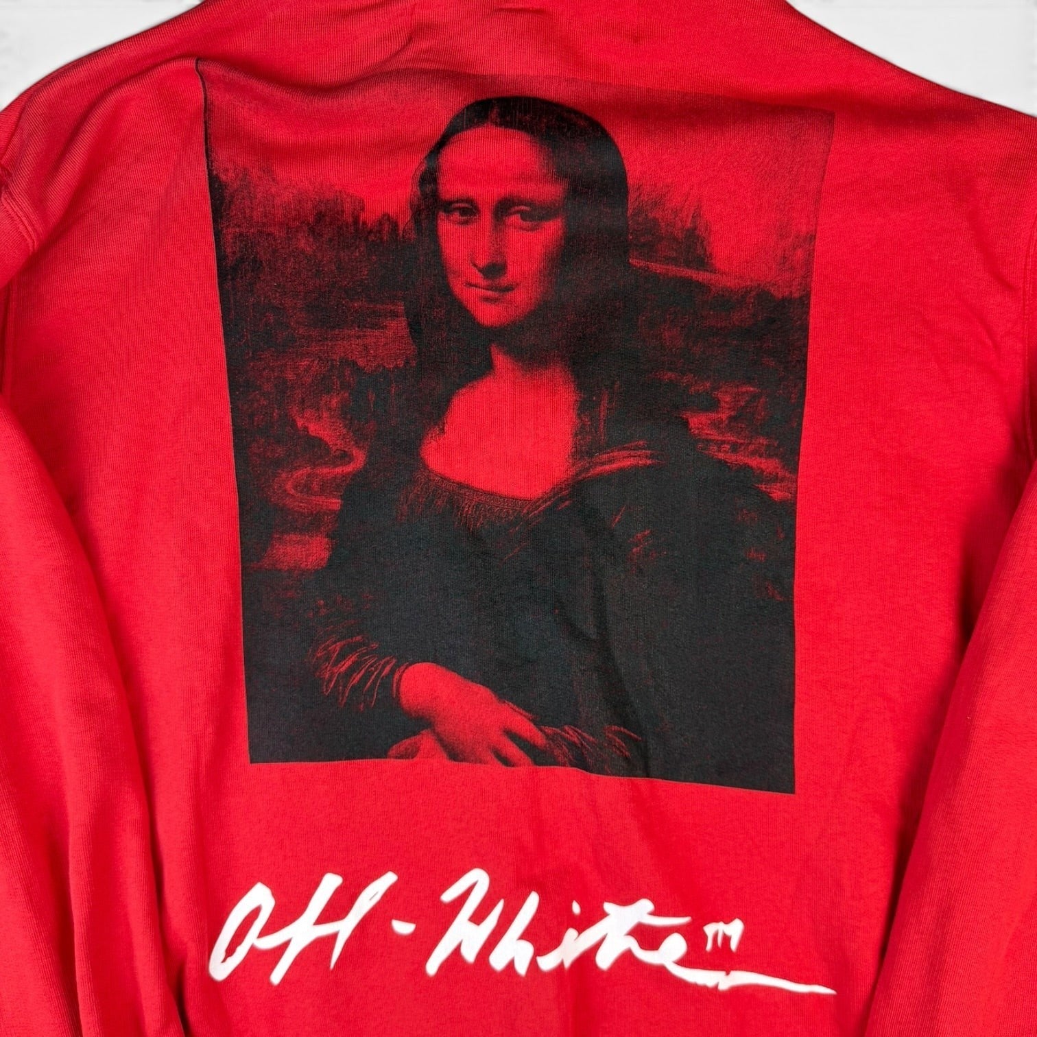 V STEALS red Off-White SS18 zip hoodie featuring a large black Mona Lisa graphic print and white signature logo