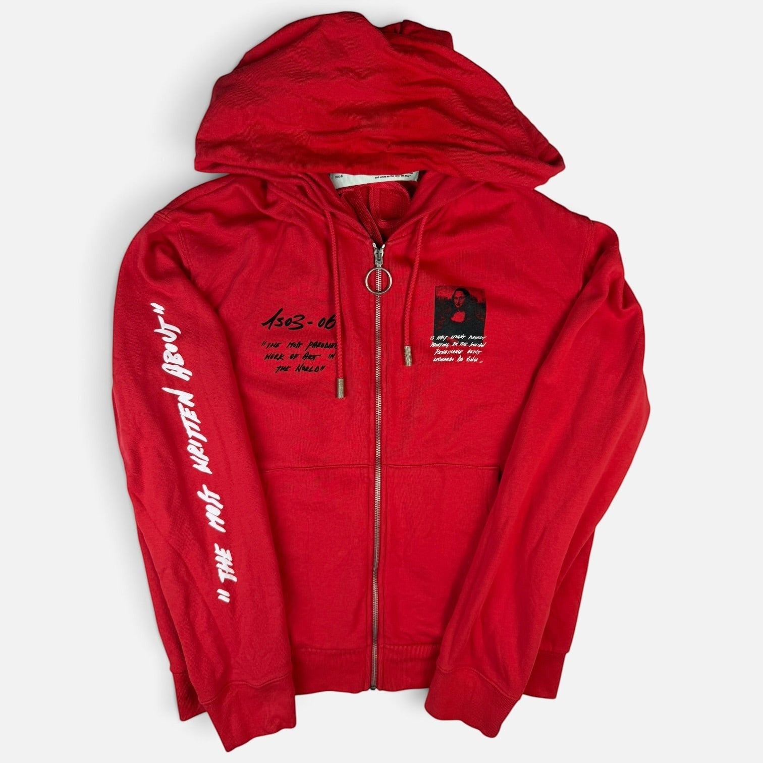 V STEALS red Off-White SS18 Mona Lisa zip hoodie with graphic prints, silver ring pull, and text on the sleeve.